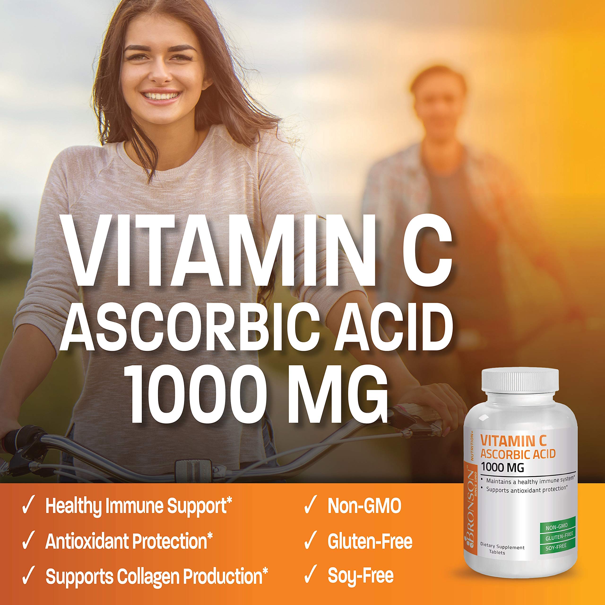 Bronson Vitamin C 1000mg – Symbole Non-OGM pour assurance qualité.