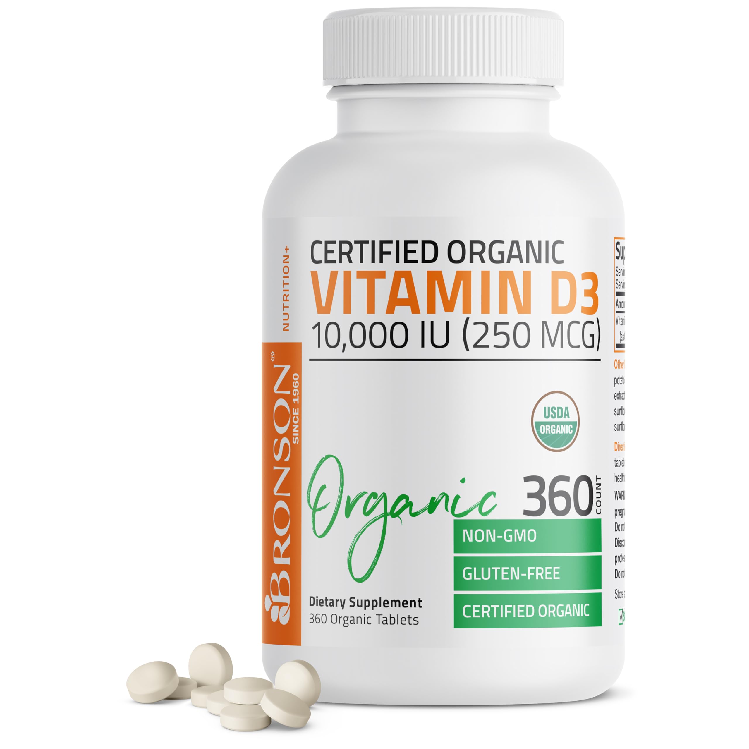 Bronson vitamine D3 10 000 UI, tablette organique, soutien potentiel des os et des dents.