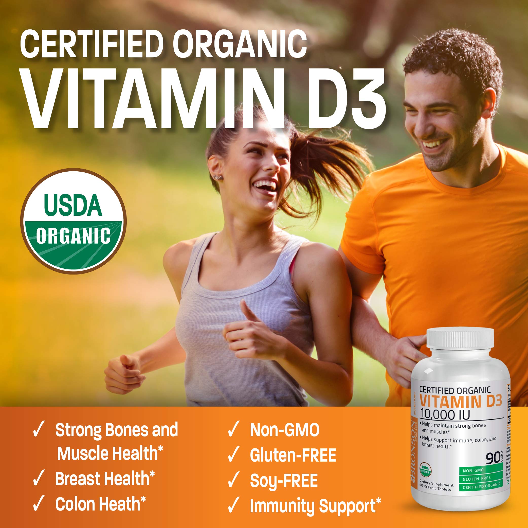 Bronson Vitamine D3 10000 UI - étiquette bio: certification biologique et absence d'OGM