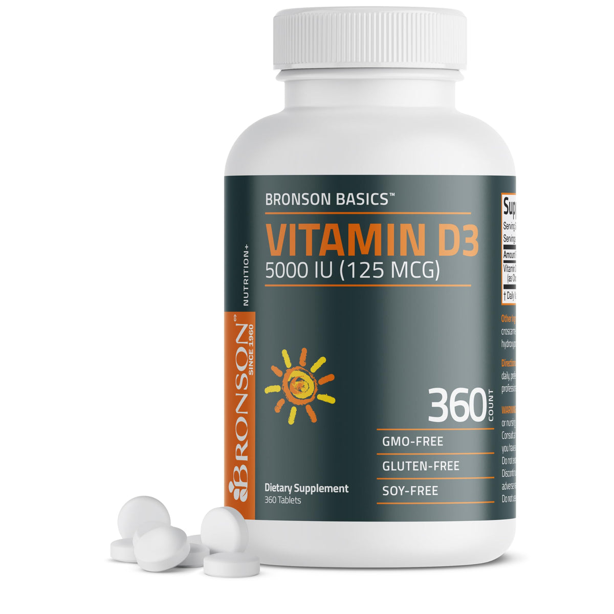 Bronson Vitamine D3 5000 UI – bouteille 360 tablettes pour usage quotidien.