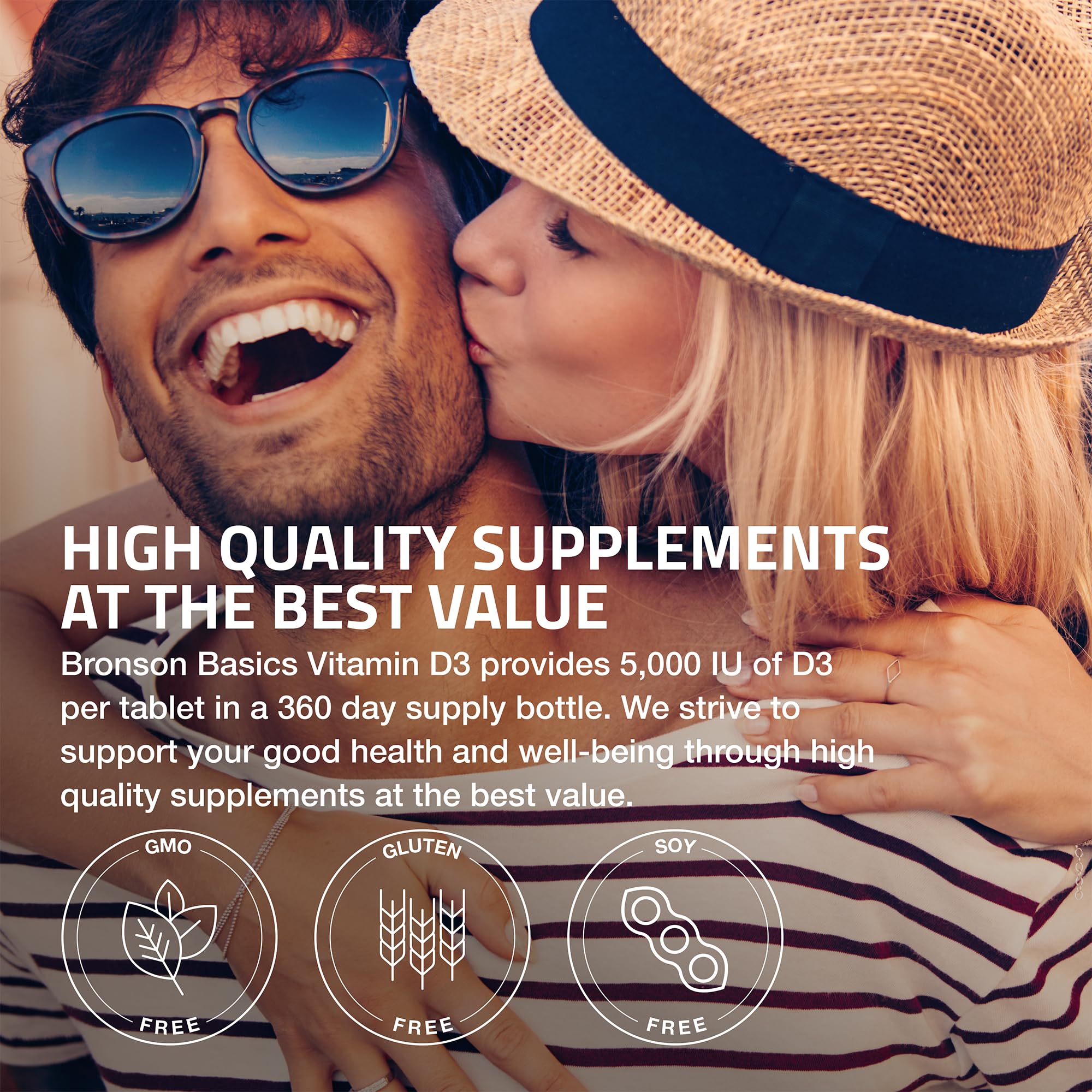 Bronson Vitamine D3 5000 UI – bouteille avec soleil, symbole d’origine naturelle.
