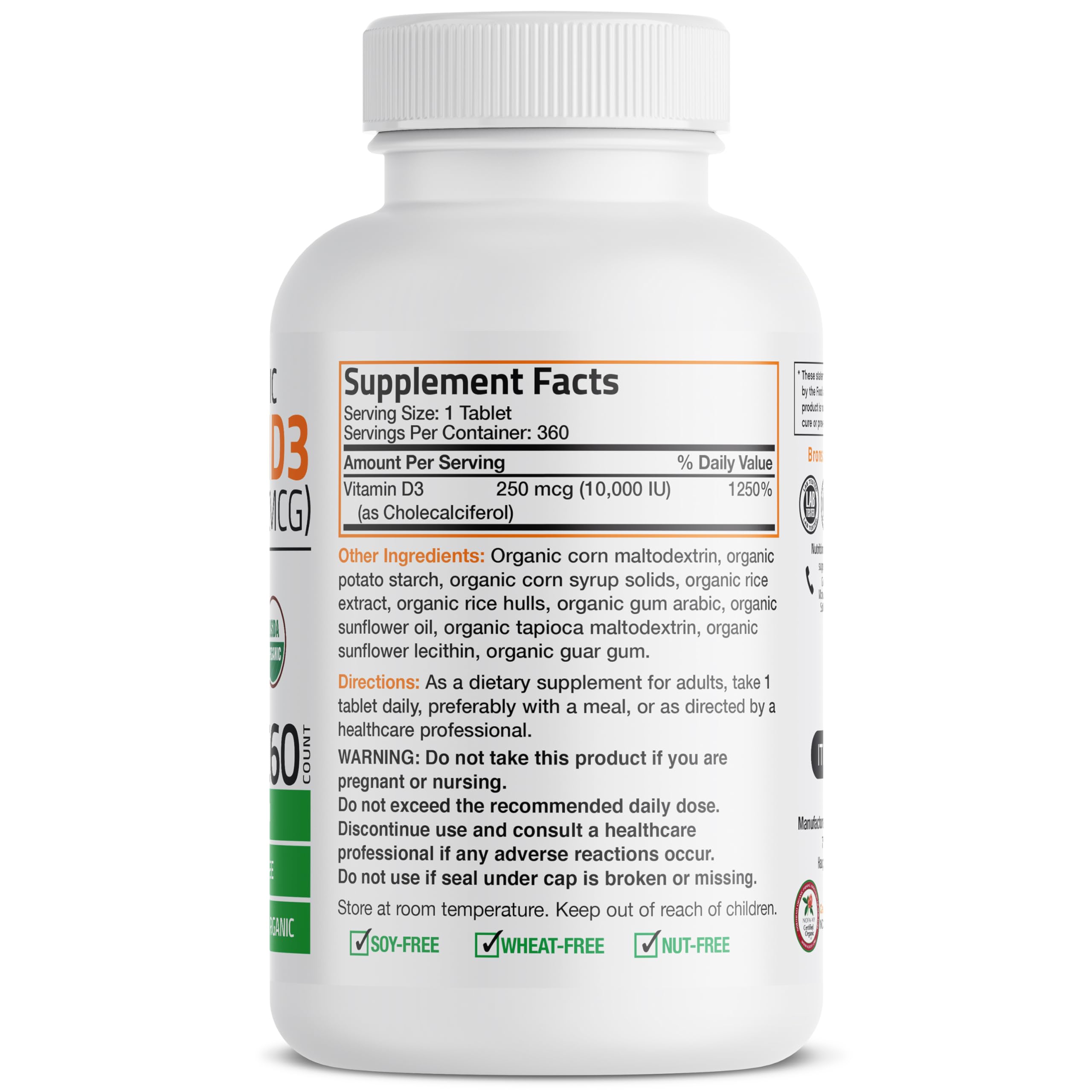Bronson vitamine D3 en bouteille de 360 comprimés, solution pratique au quotidien.