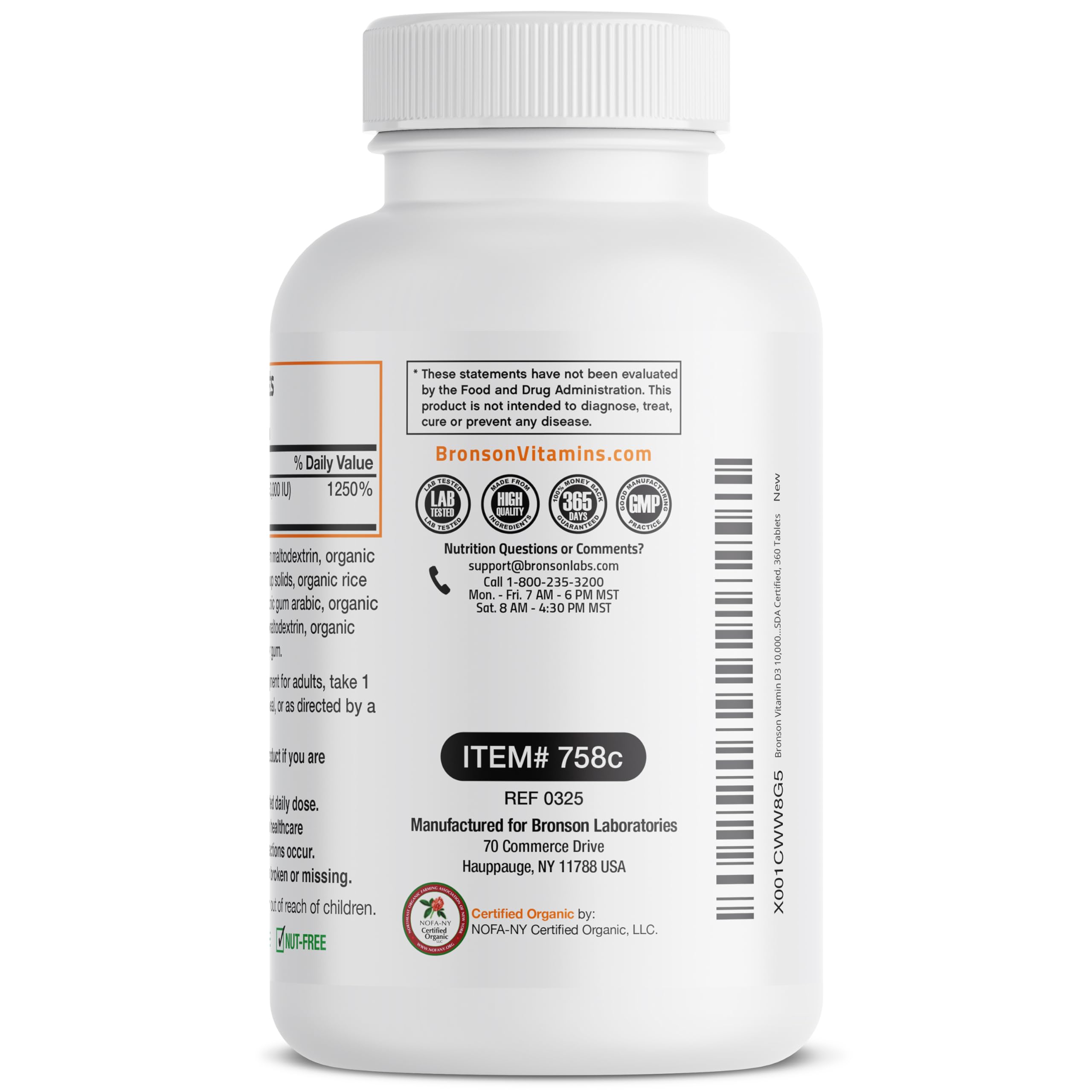 Bronson vitamine D3 – emballage clair avec dose quotidienne recommandée.