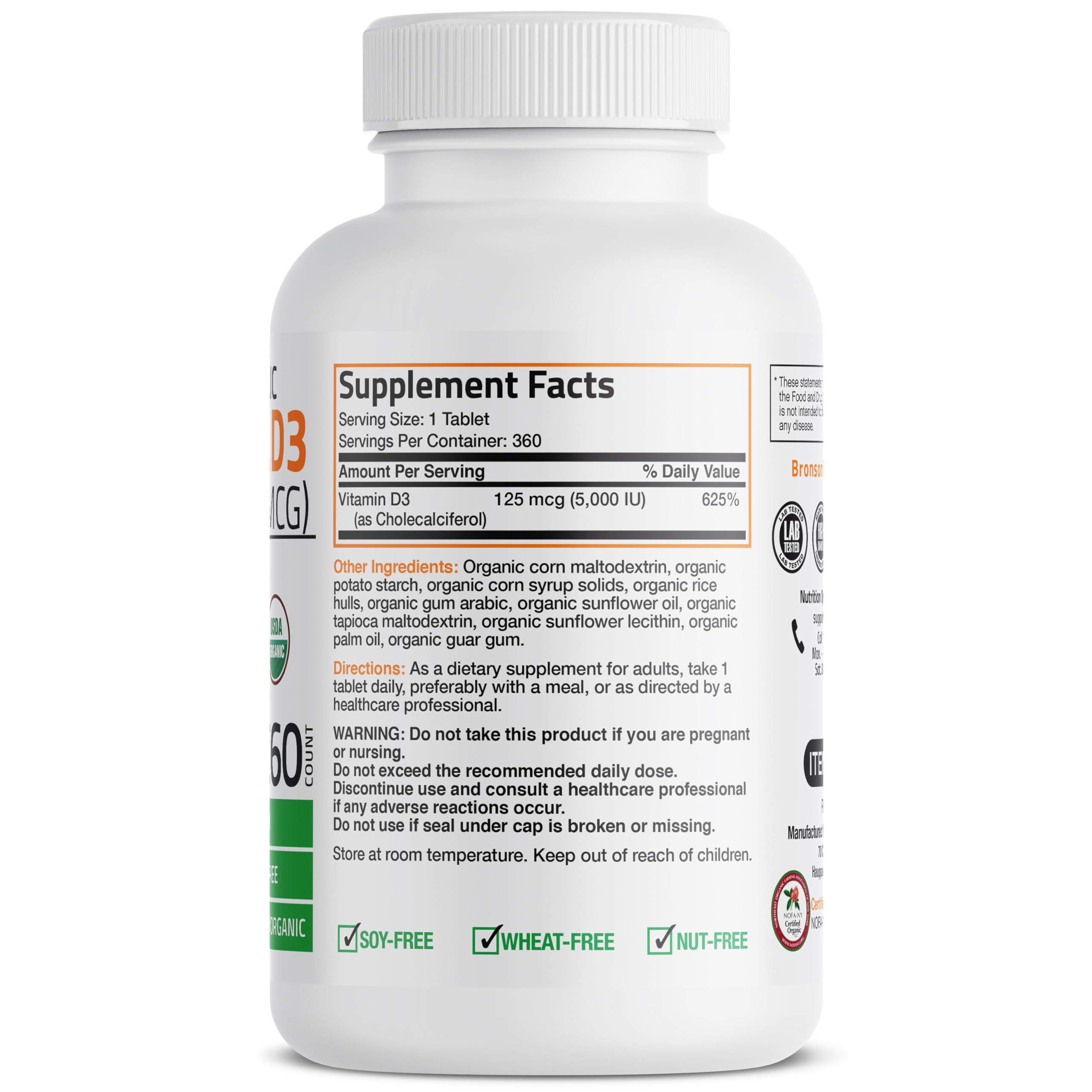 Bronson Vitamine D3, étiquette bio certifiée, ingrédients clairement répertoriés.