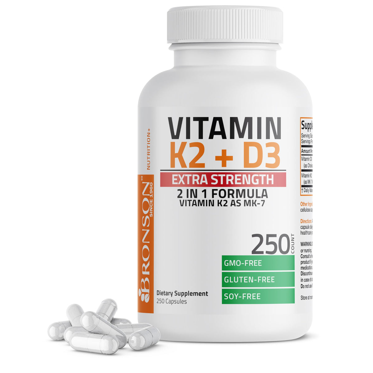 Bronson Vitamine K2 MK-7 et D3, bouteille, soutien potentiel des os et du cœur au quotidien.