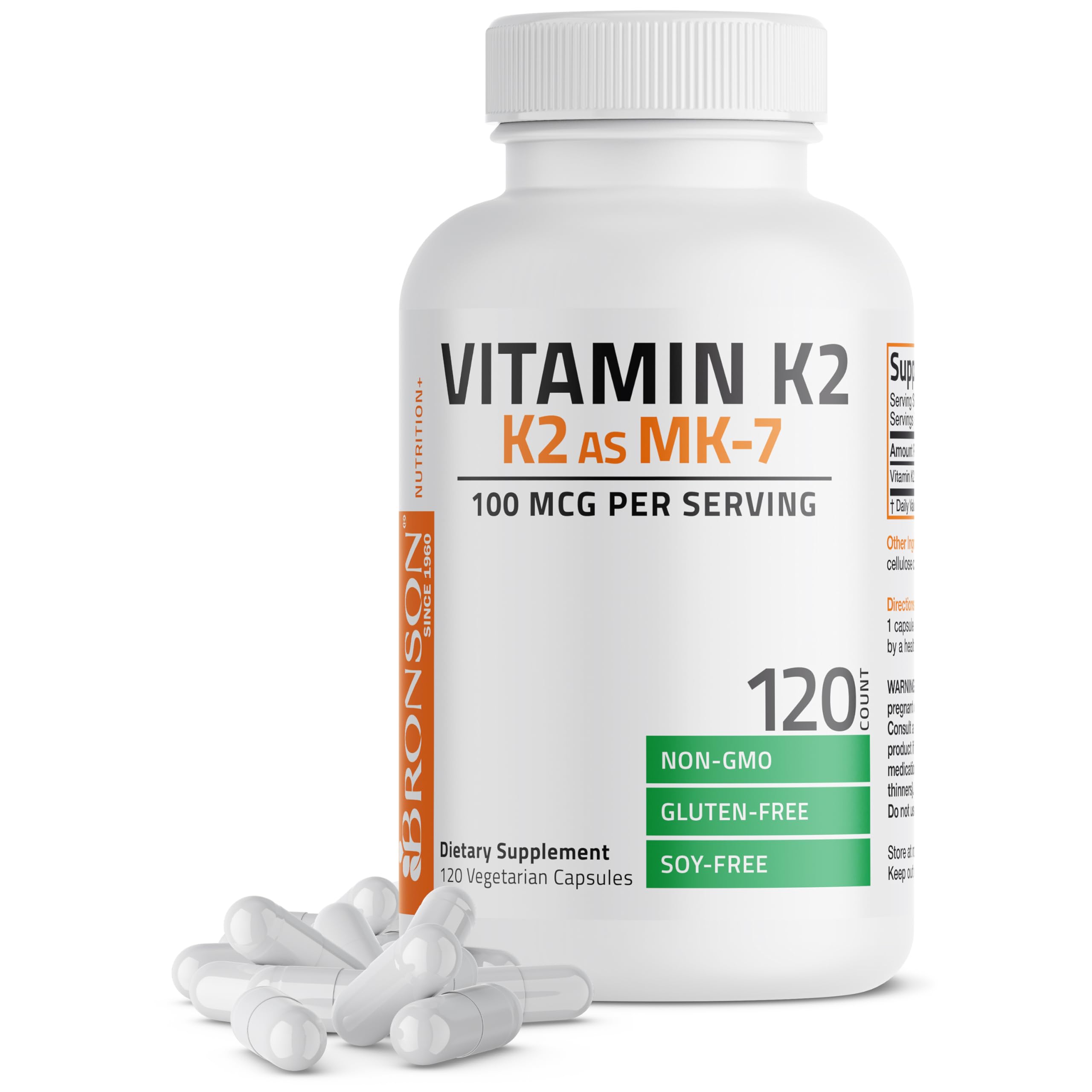 Bronson Vitamine K2 MK-7 100 µg en gélules, soutien potentiel à la répartition du calcium.