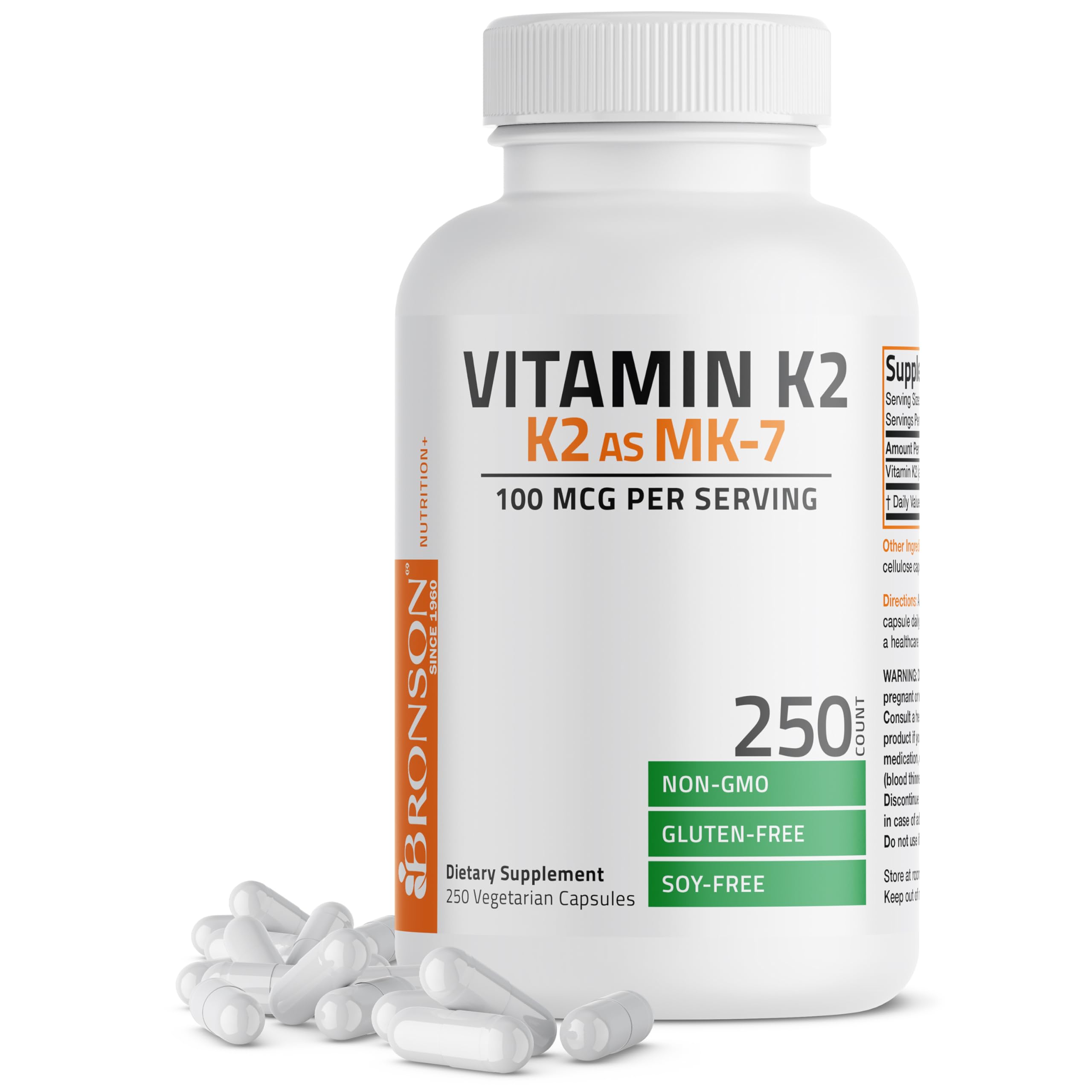 Bronson vitamine K2 MK-7 en bouteille, capsules biodisponibles pour une routine quotidienne.