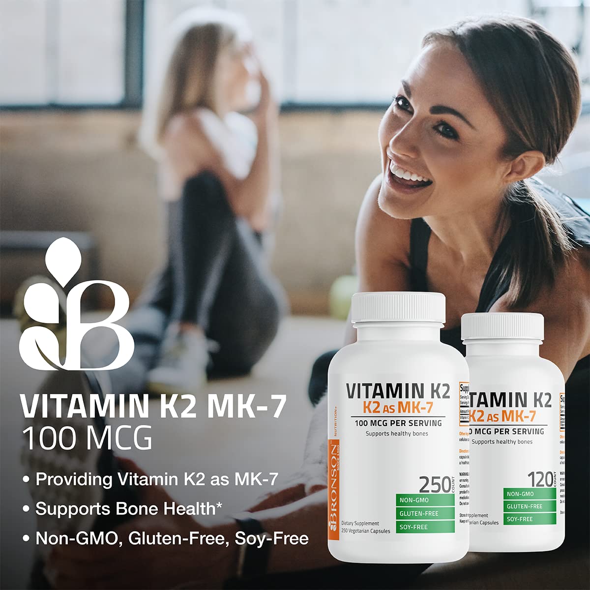 Étiquette Bronson K2 MK-7 indiquant sans OGM, sans gluten et sans soja.