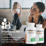 Étiquette Bronson K2 MK-7 indiquant sans OGM, sans gluten et sans soja.
