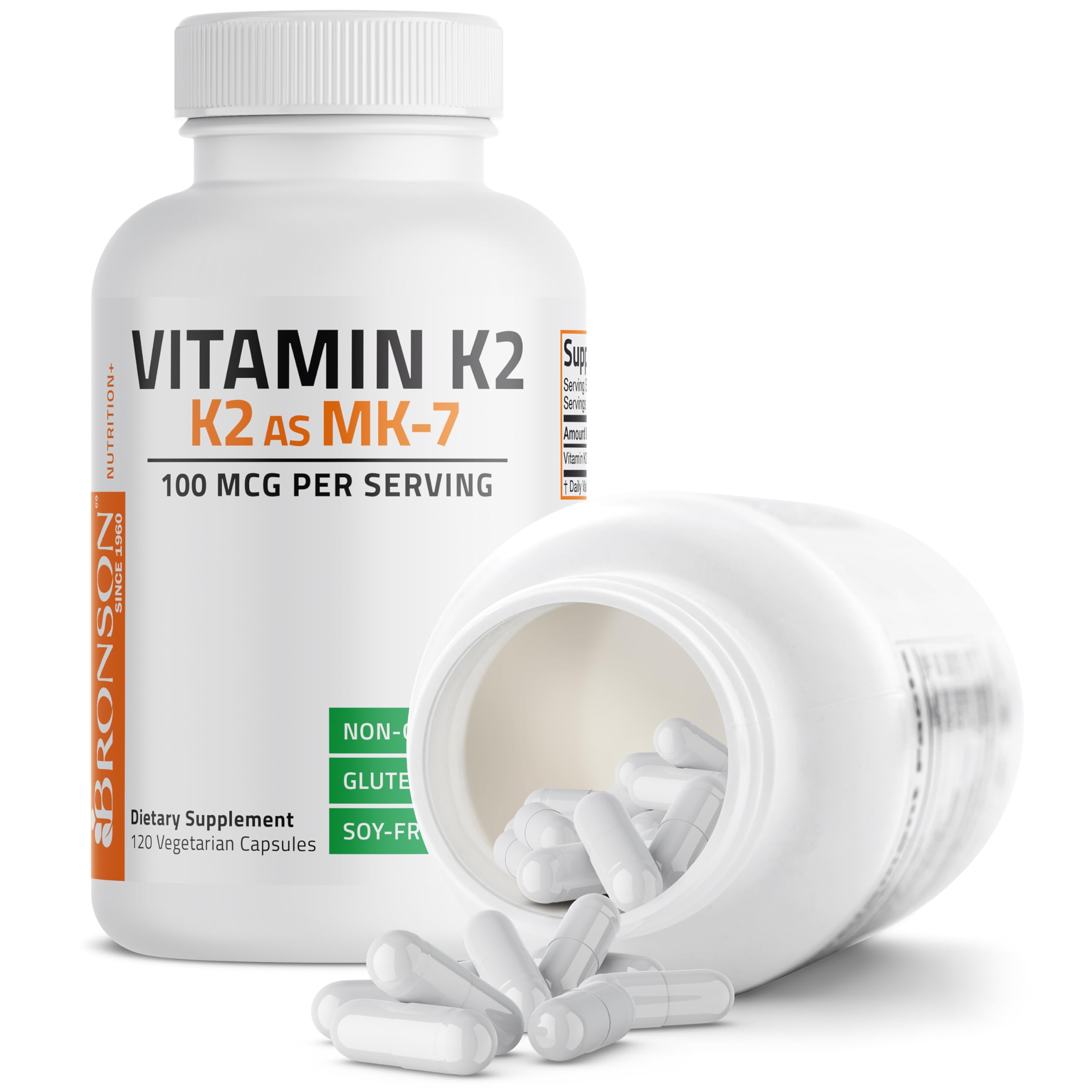 Capsules Bronson K2 MK-7 prêtes à être consommées dans une routine quotidienne.