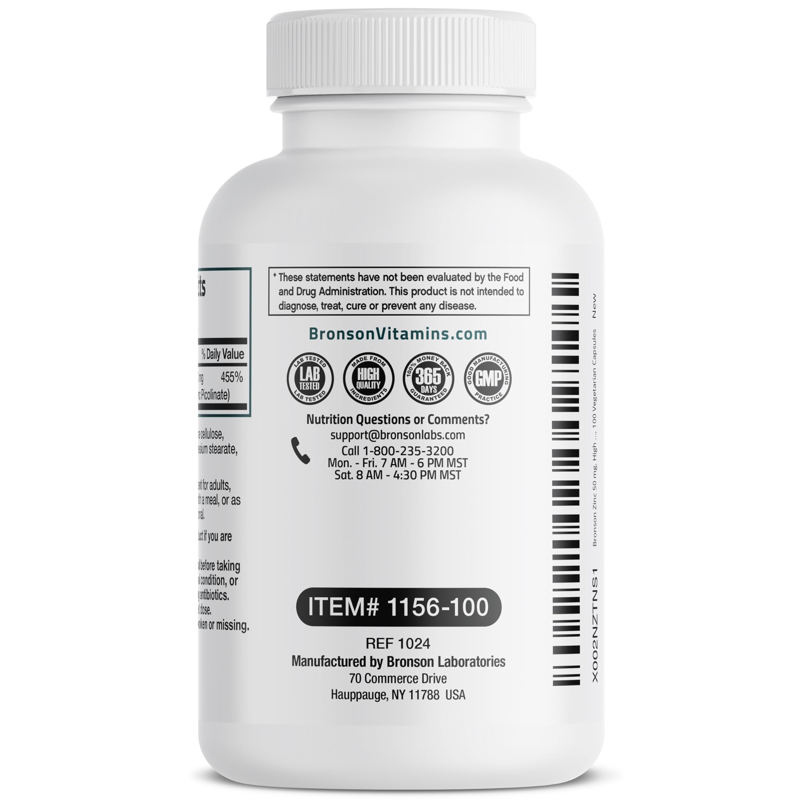 Bronson Zinc 50 mg, Certification CGMP et absence d’OGM.