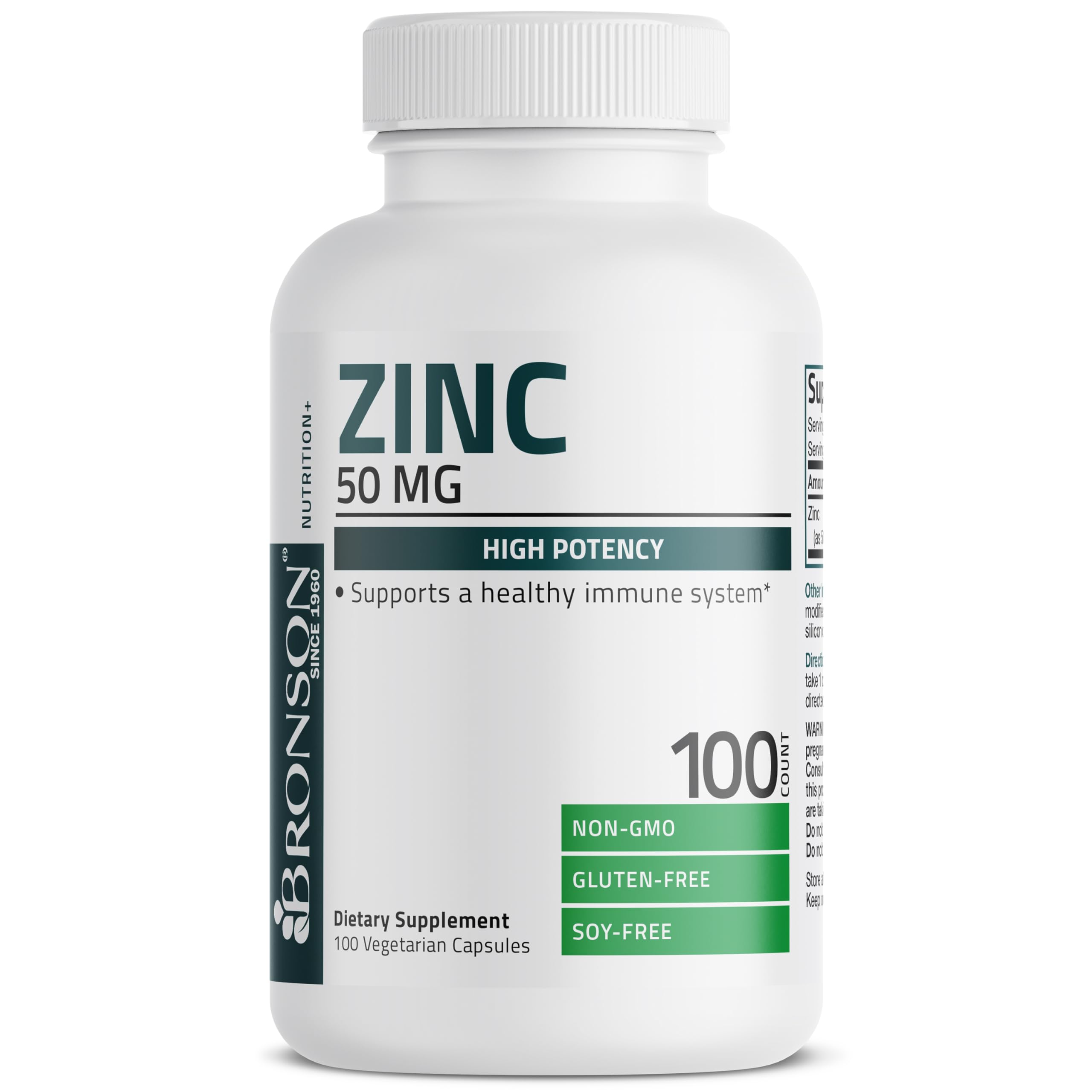 Étiquette Bronson Zinc 50 mg affichant les ingrédients et l’éthique vegan.