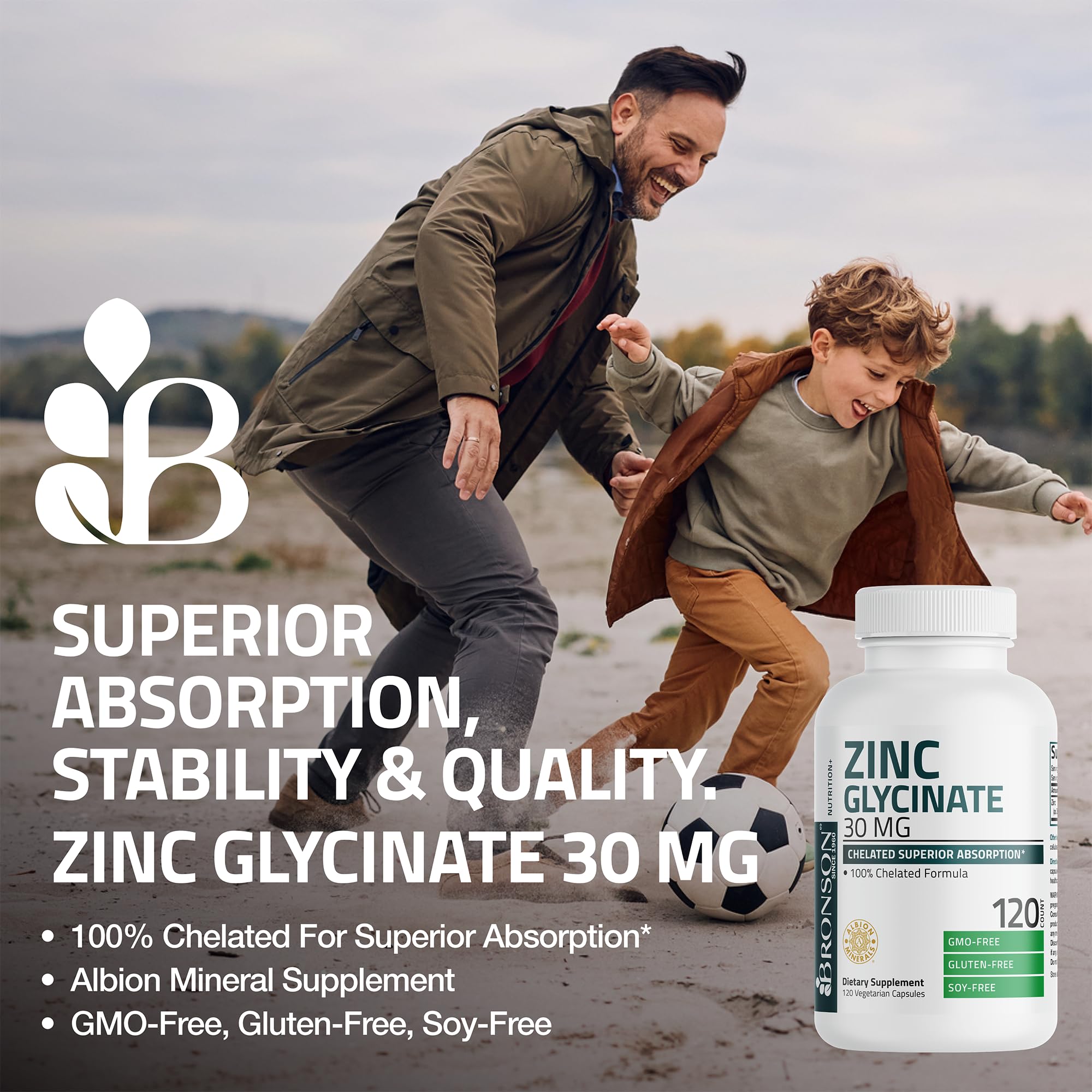 Bronson Zinc Glycinate 30 mg – étiquette non-OGM, transparence qualité.