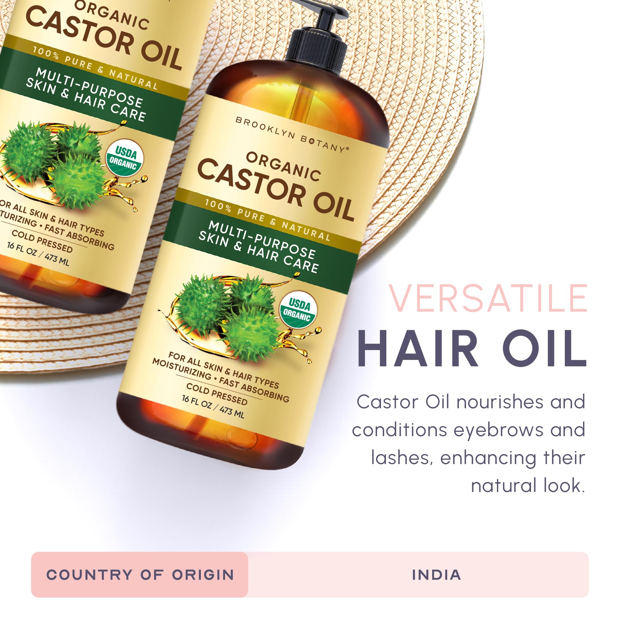 Brooklyn Botany huile de castor bio, polyvalente pour soins capillaires et peau du visage.