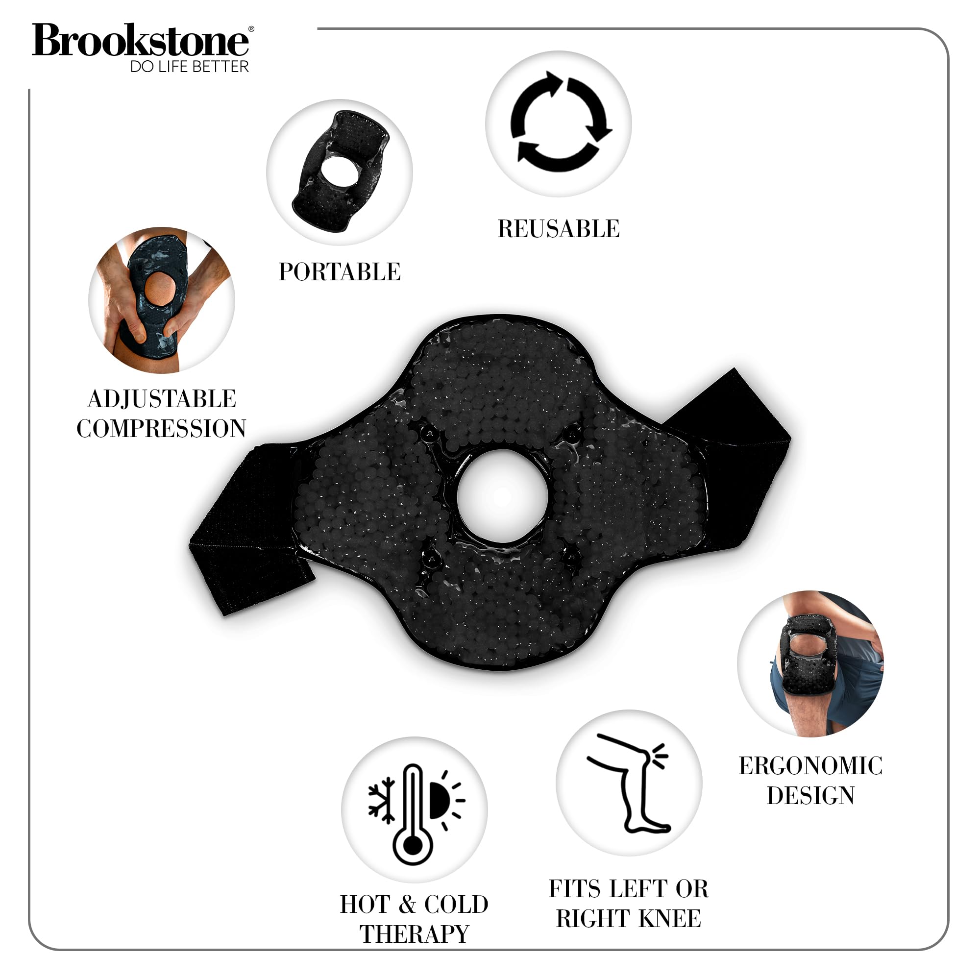 Brookstone Genou Bandeau Gel Flexible s'adapte à la forme du genou pour un ajustement optimal.