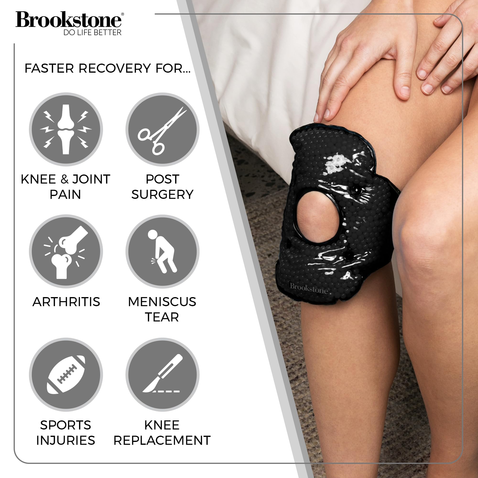 Brookstone Genou Couverture Complète enveloppe tout le genou pour un confort homogène.