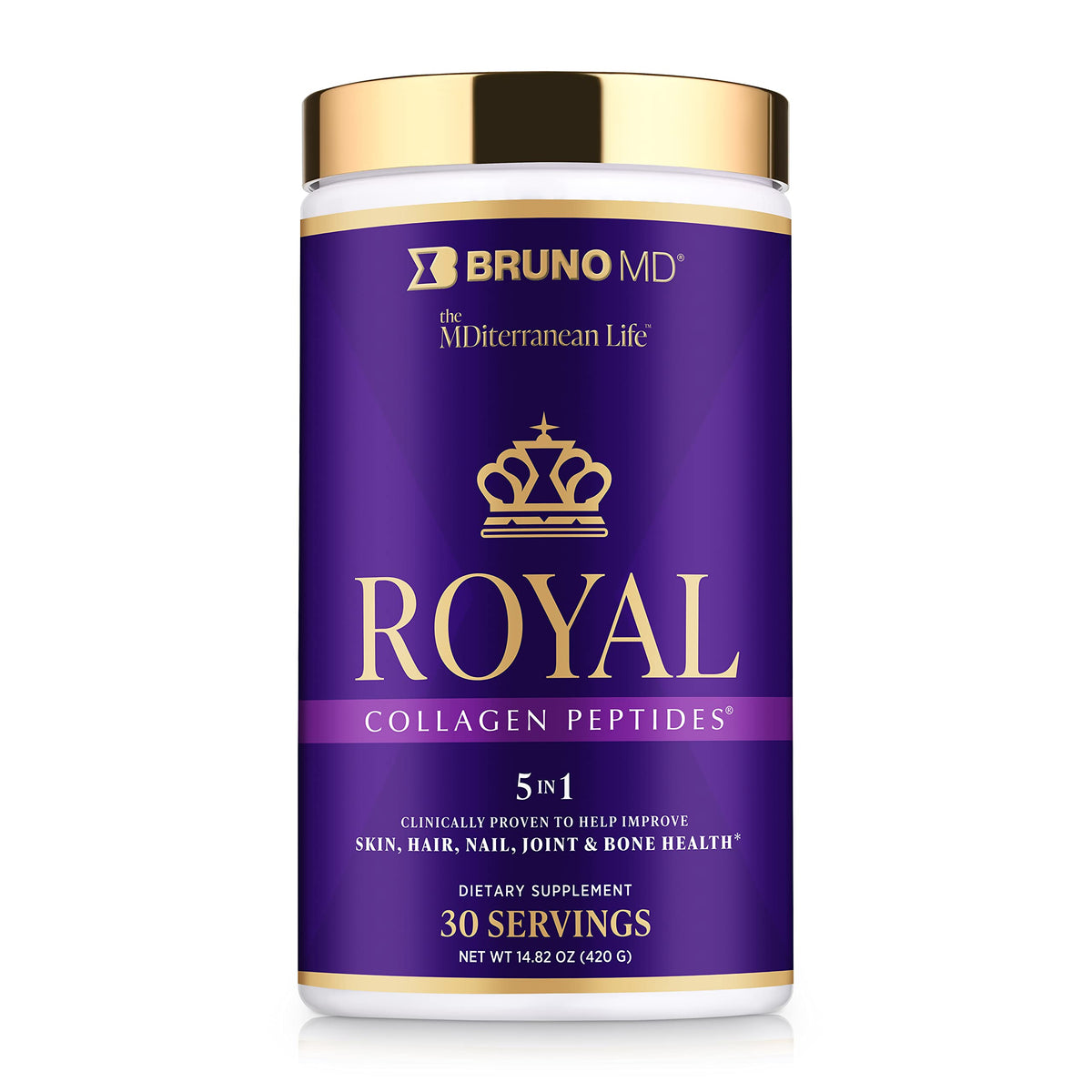 BRUNO MD Royal Collagen Peptides – bouteille visible; soutien potentiel peau et ongles