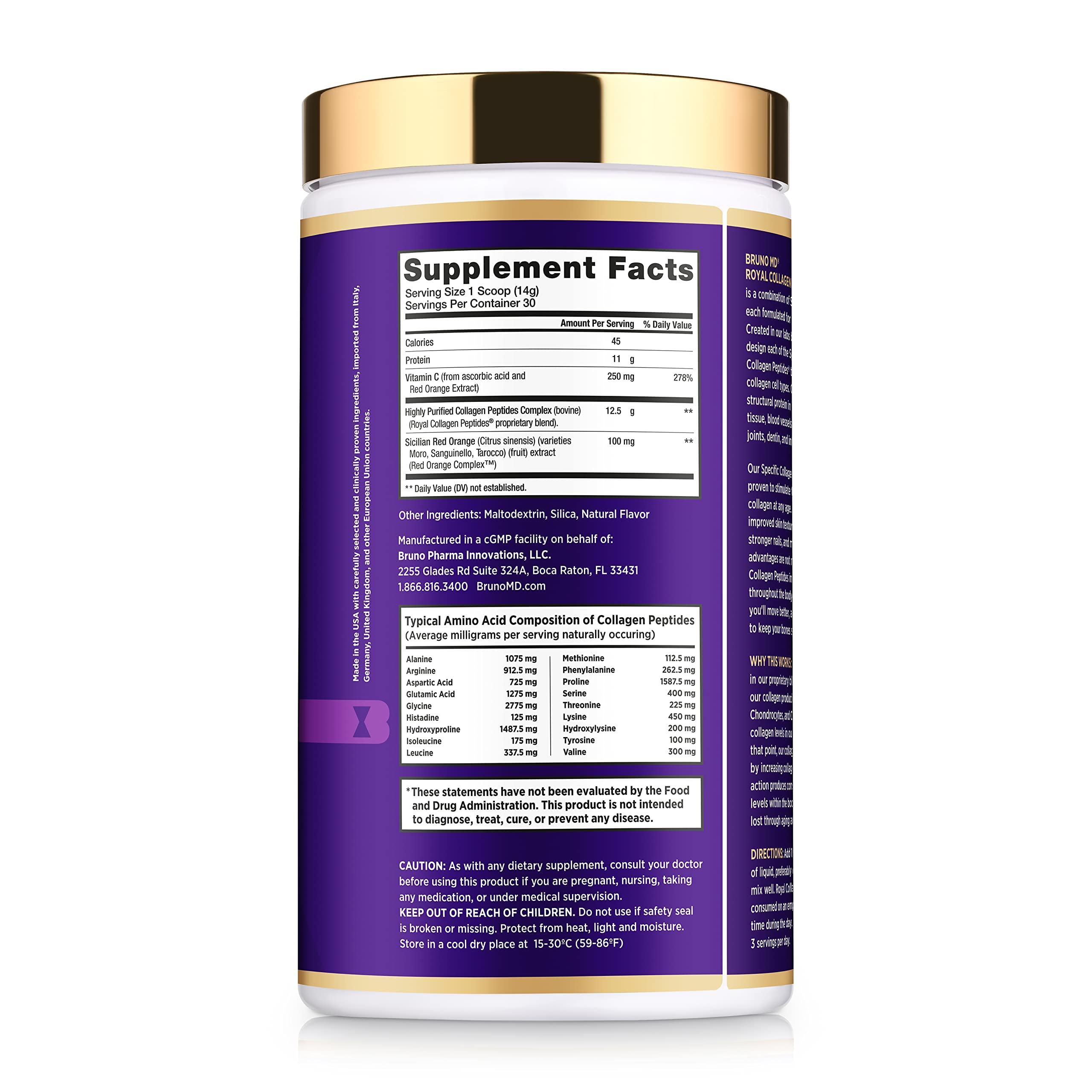 BRUNO MD Royal Collagen Peptides – étiquette lisible; origine européenne