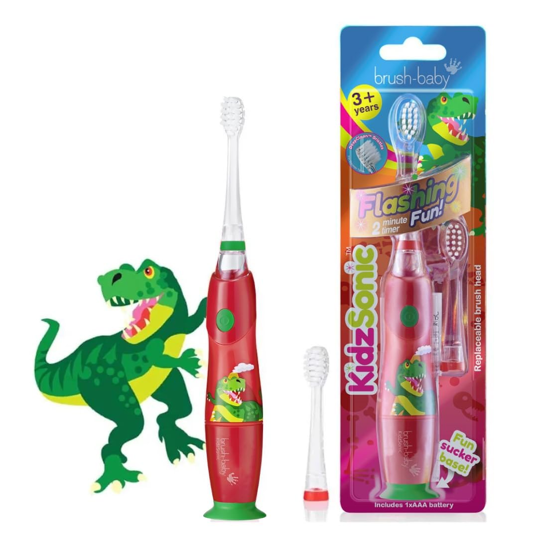 Brush-Baby KidzSonic avec poignee LED disco, divertit le brossage des enfants.
