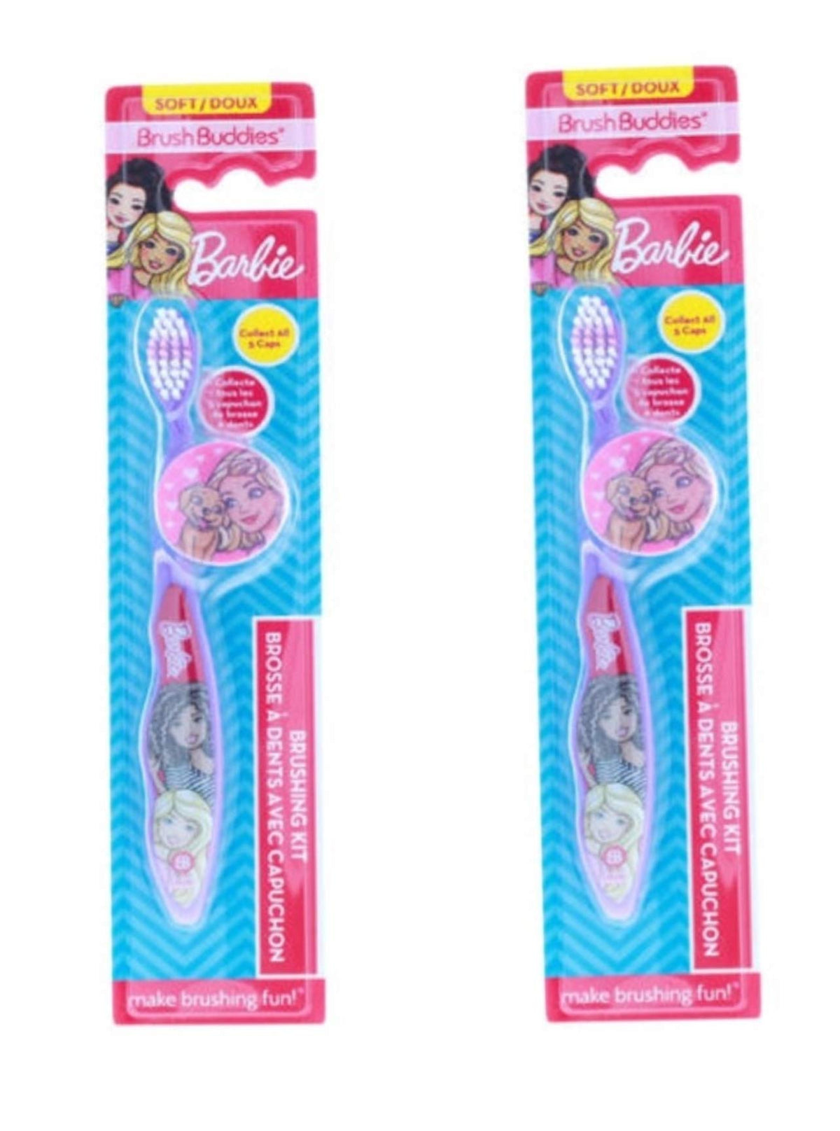 Brush Buddies Barbie, brosse à dents avec capuchon holographique, stimule le rituel du brossage chez l’enfant.