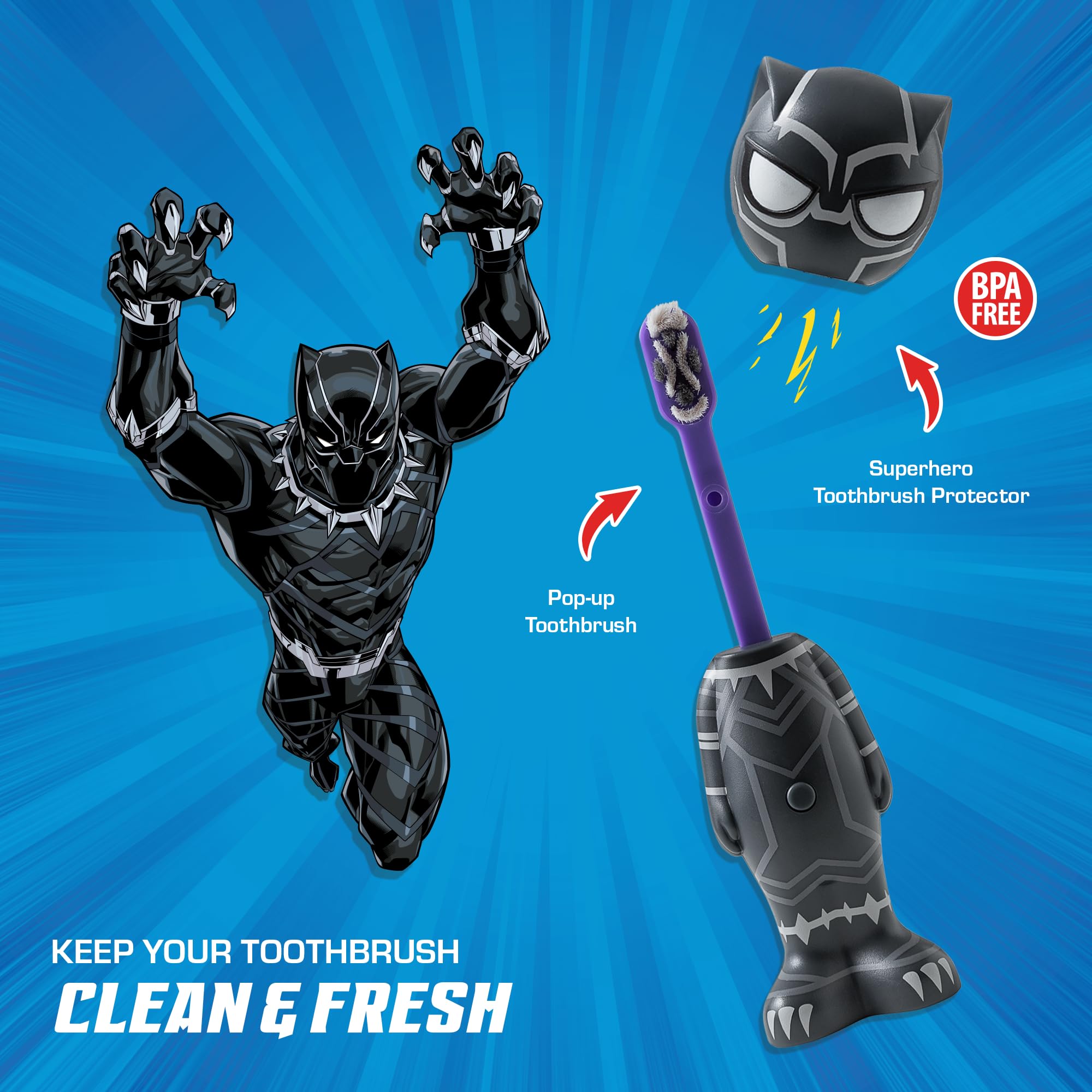 Poignée pop-in Brush Buddies Black Panther facilitant le brossage et amusant pour l’enfant.