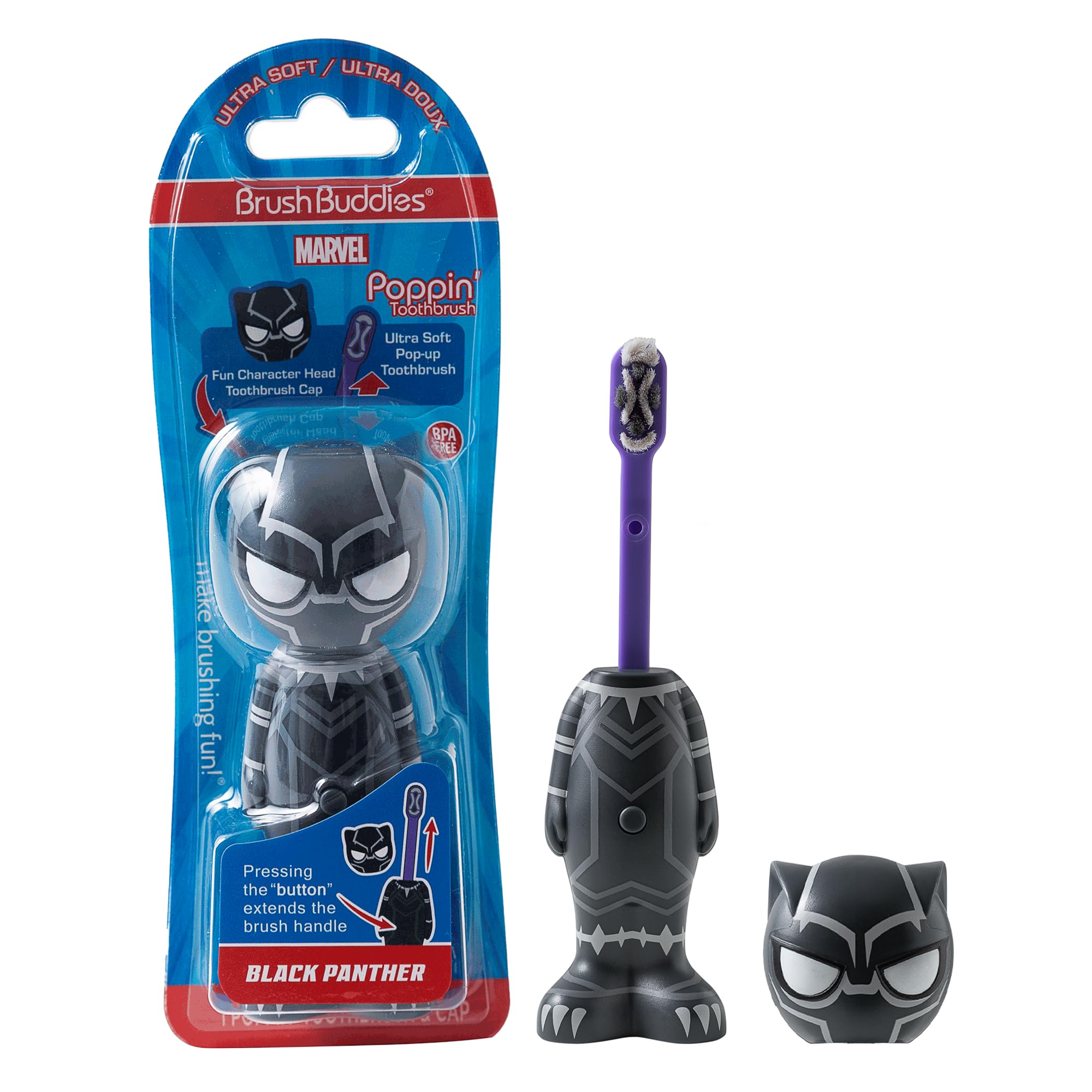 Brosse Brush Buddies Black Panther pour enfants avec poils doux et tête arrondie pour un brossage en douceur.