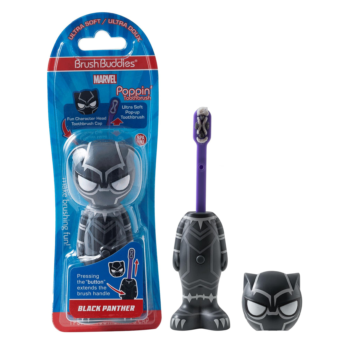 Brosse Brush Buddies Black Panther pour enfants avec poils doux et tête arrondie pour un brossage en douceur.