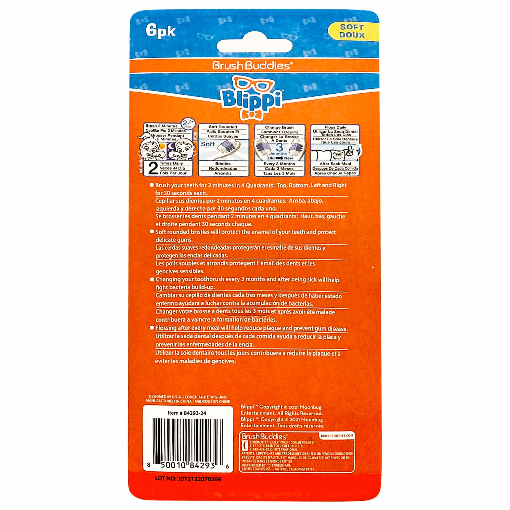 Poils ultra-doux Brush Buddies Blippi adaptés pour gencives sensibles.