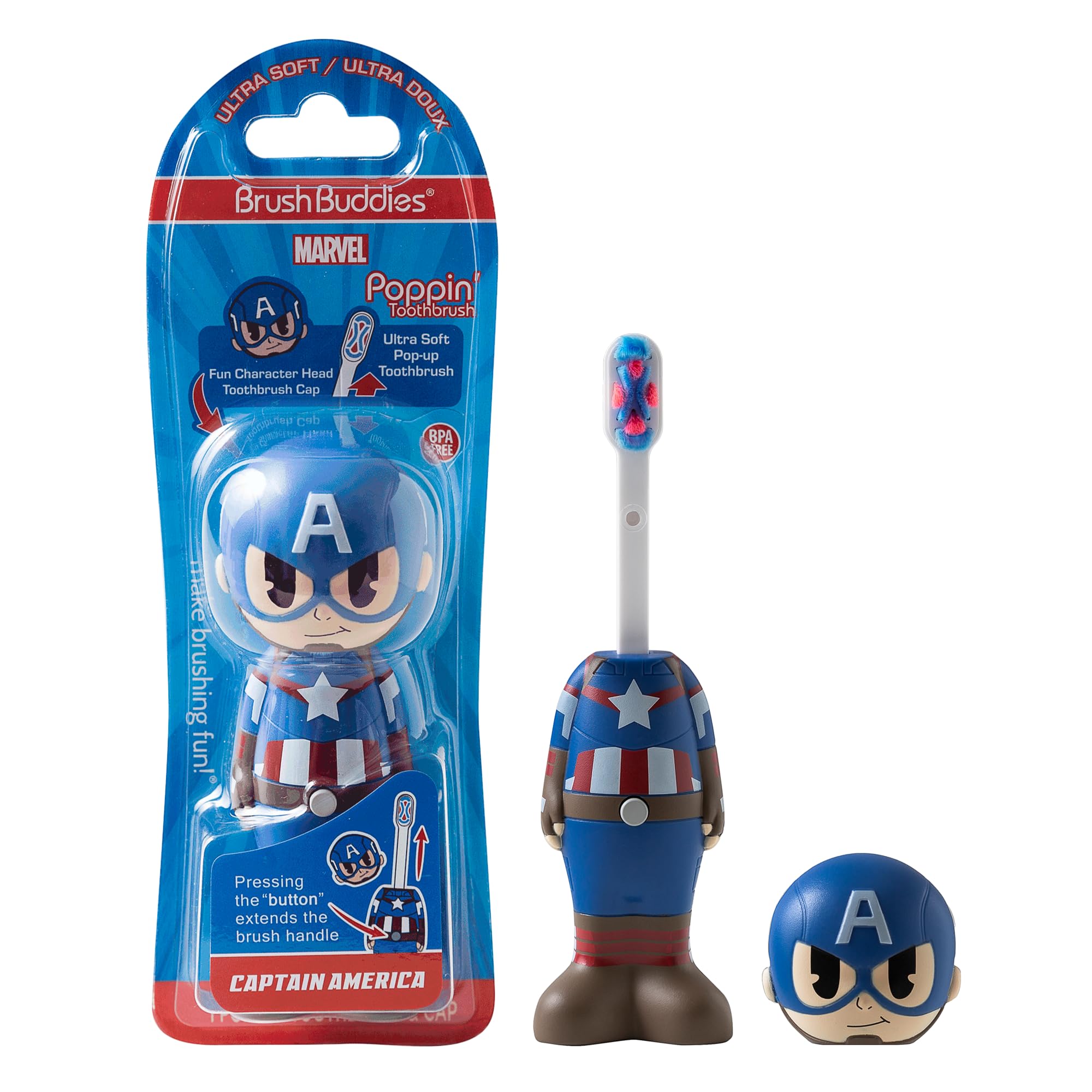 Brosse Brush Buddies Capitaine Amérique, douceur adaptée aux jeunes gencives.