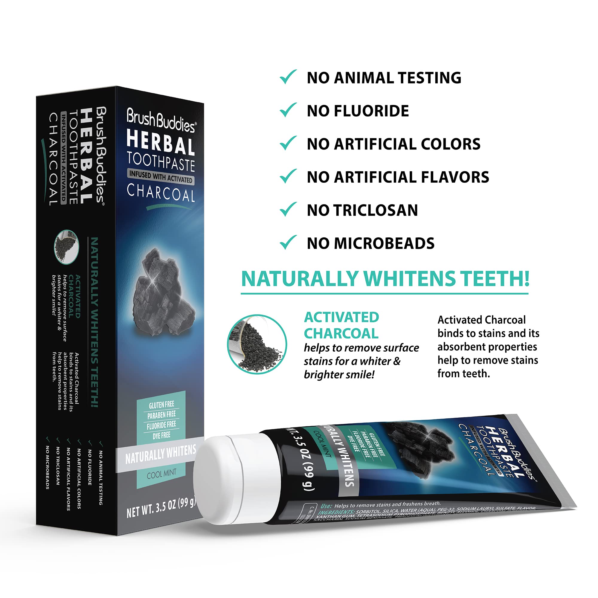 Texture poudre du dentifrice Brush Buddies Charbon Activé, douceur sans agressifs.