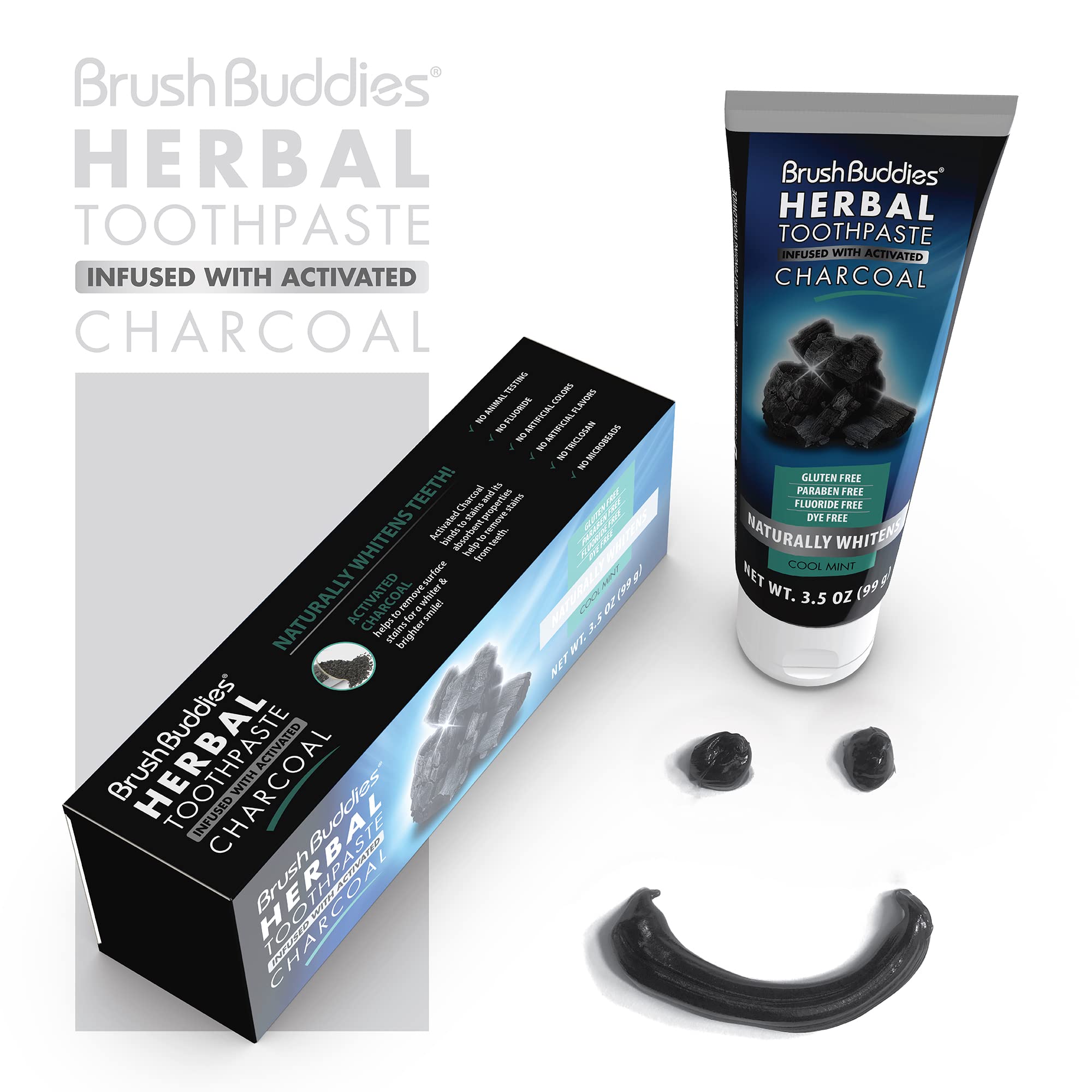 Dentifrice Brush Buddies Charbon Activé, tube menthe fraîche pour haleine durable.
