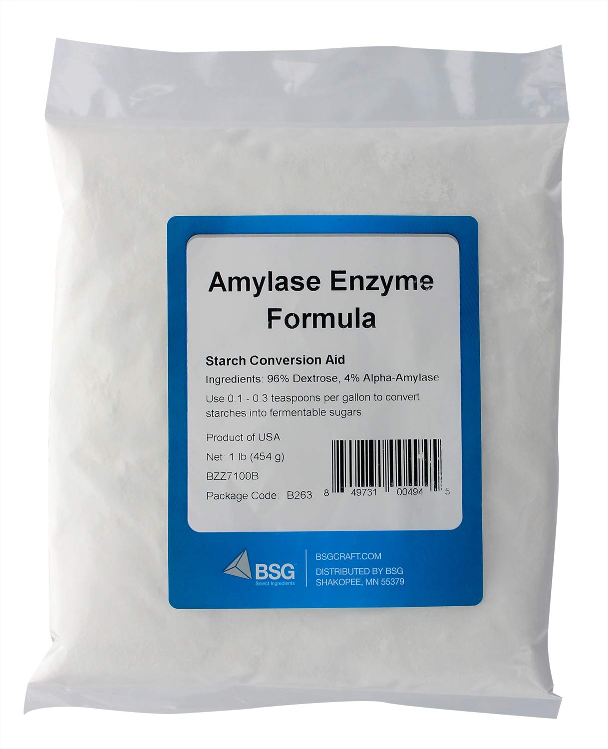BSG Amylase Formule enzymatique 1 lb – bouteille montrant l’emballage