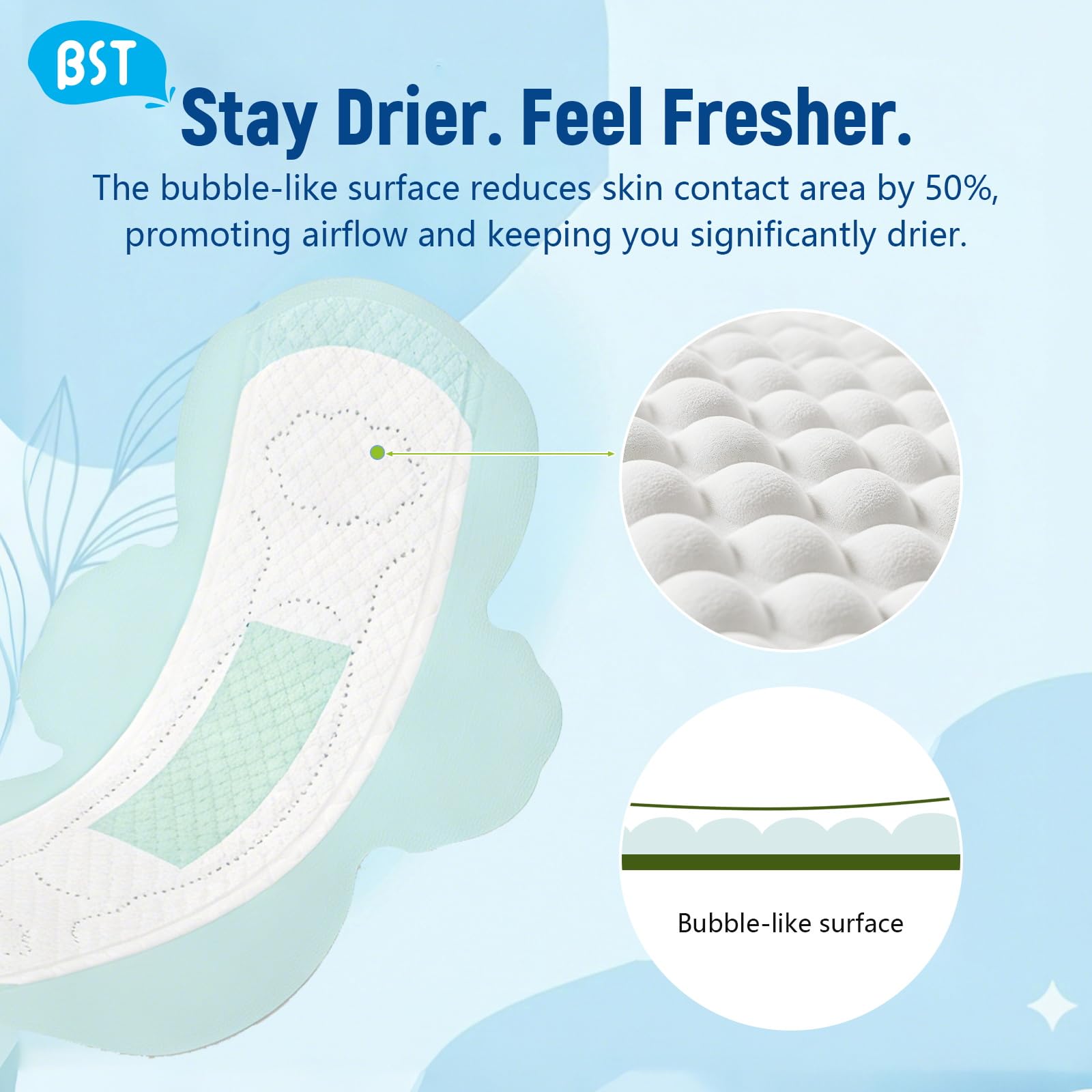 Noyau ultraabsorbant des BST Pads assure une protection fiable tout au long de la journée.