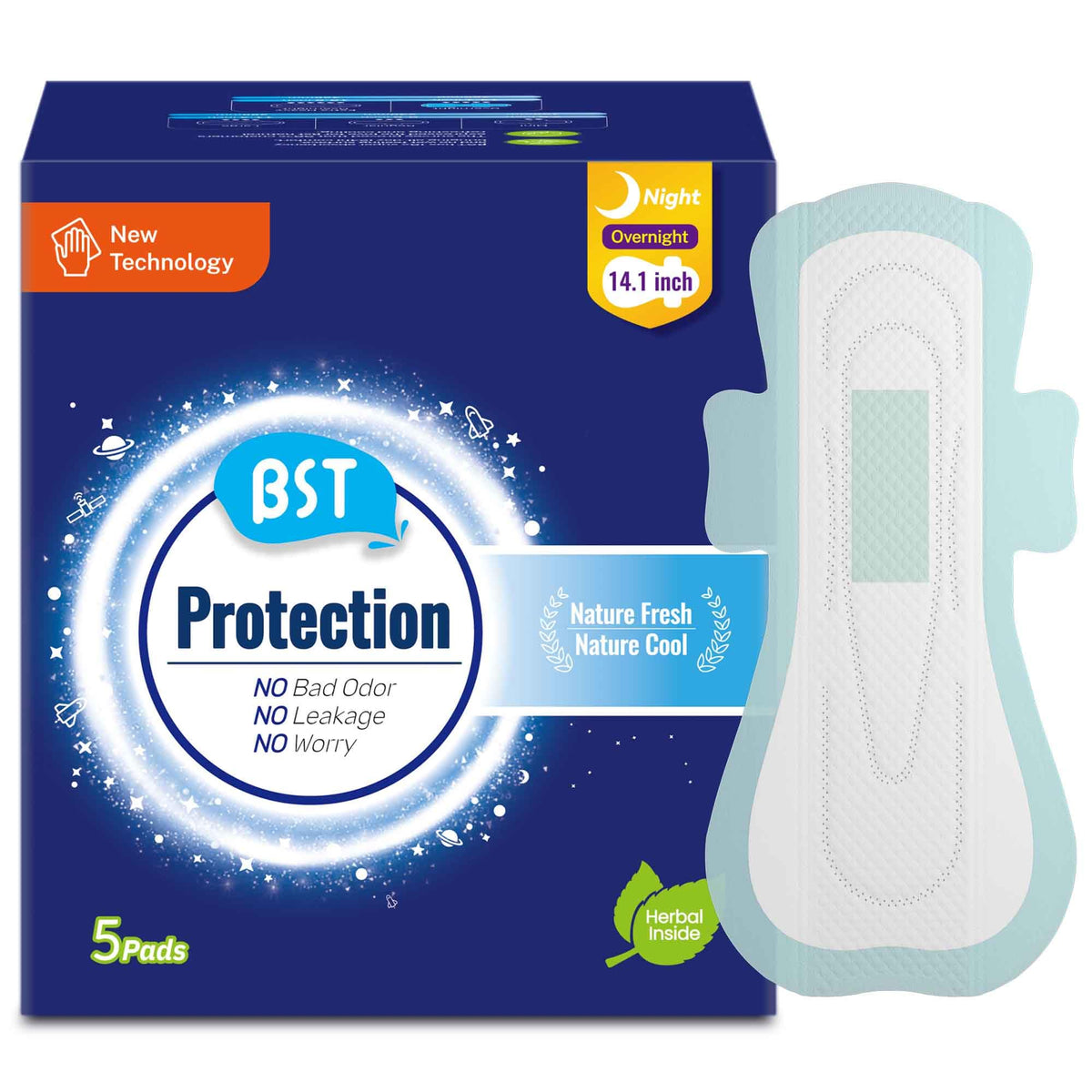 ßST#protection BST coussinets nuit avec ailes, pack-shot, protection nocturne fiable.