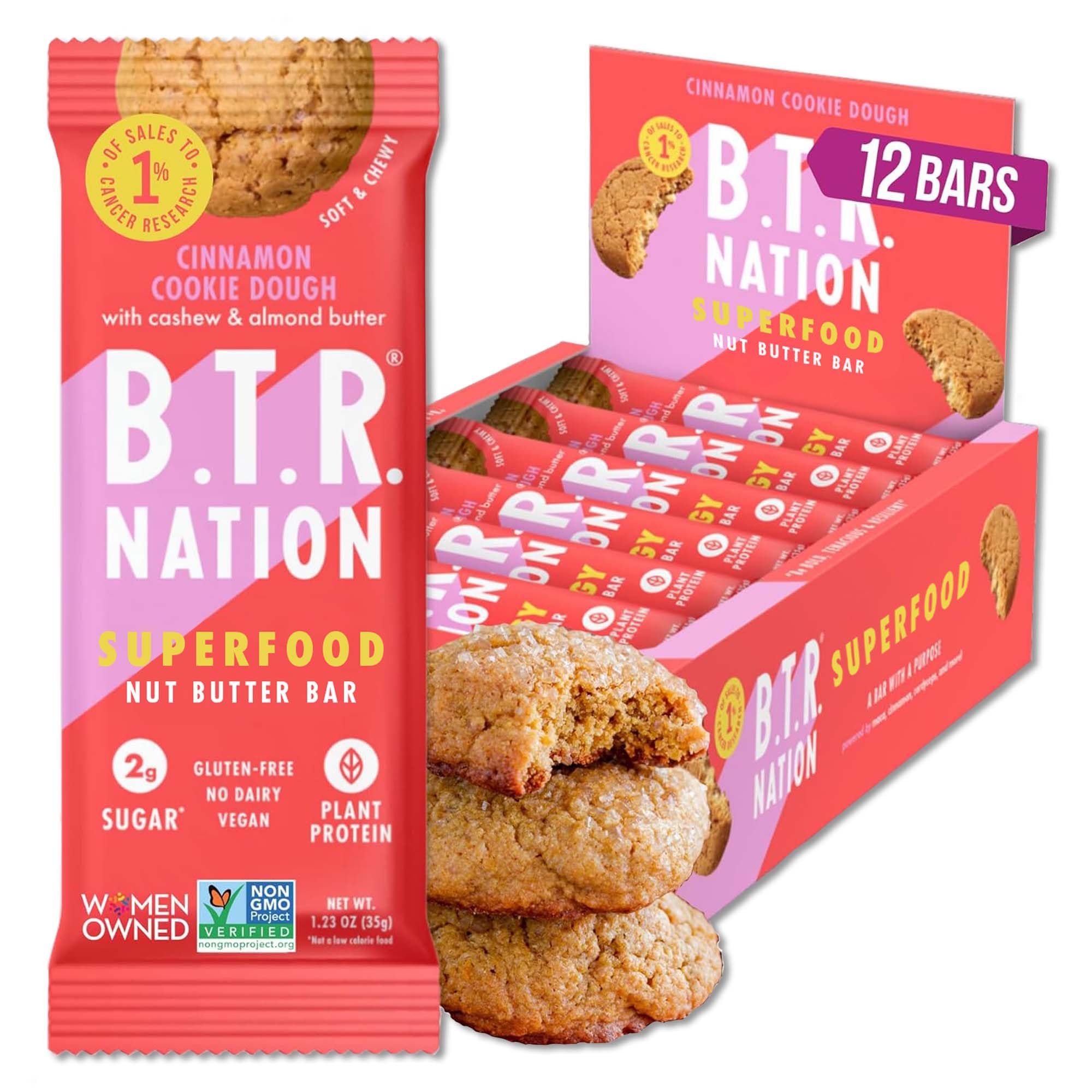 Emballage B.T.R. Nation: barre protéinée keto cannelle pâte-cookie, énergie pratique.