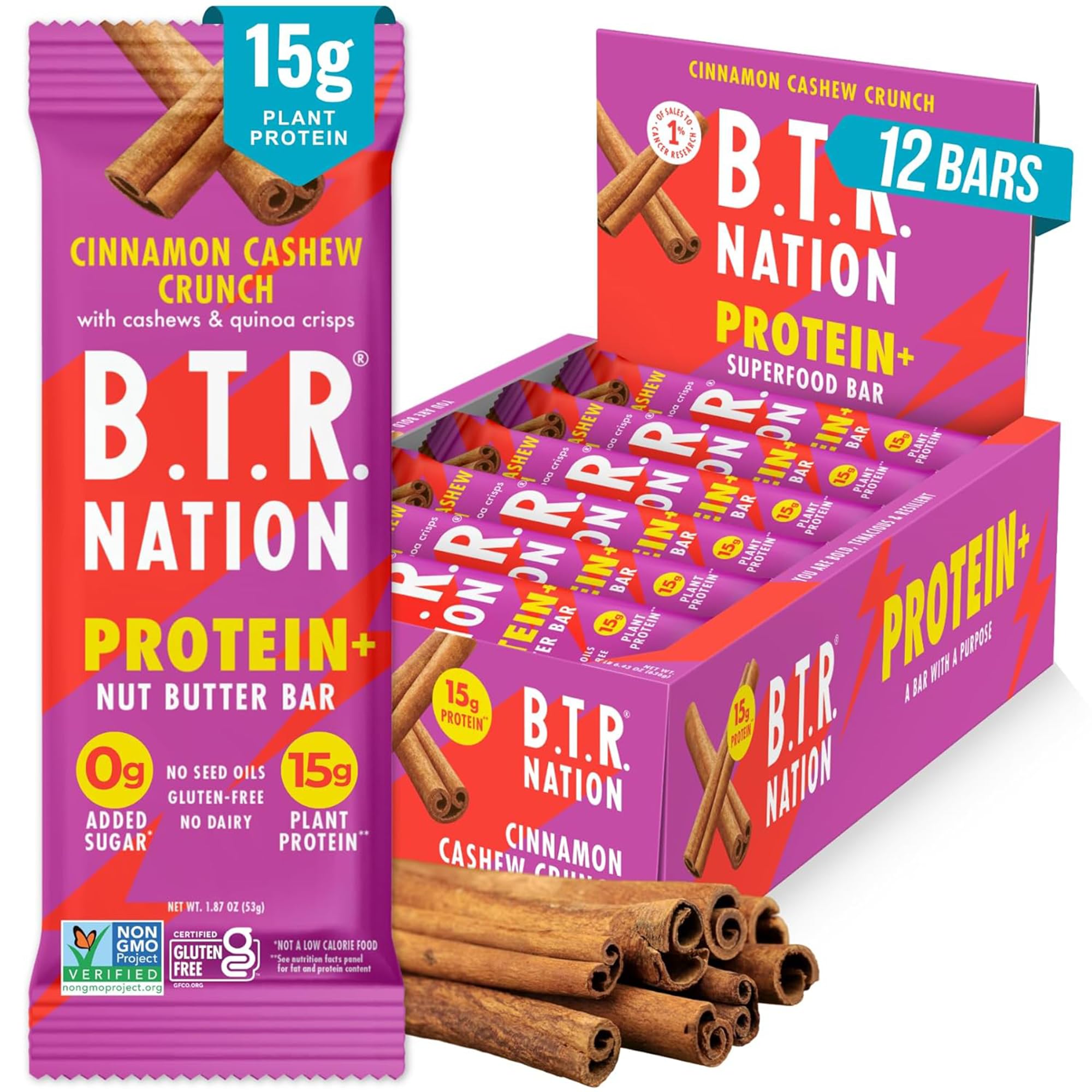 B.T.R. Nation: barre protéinée végan cannelle-noix de cajou, énergie soutenue.