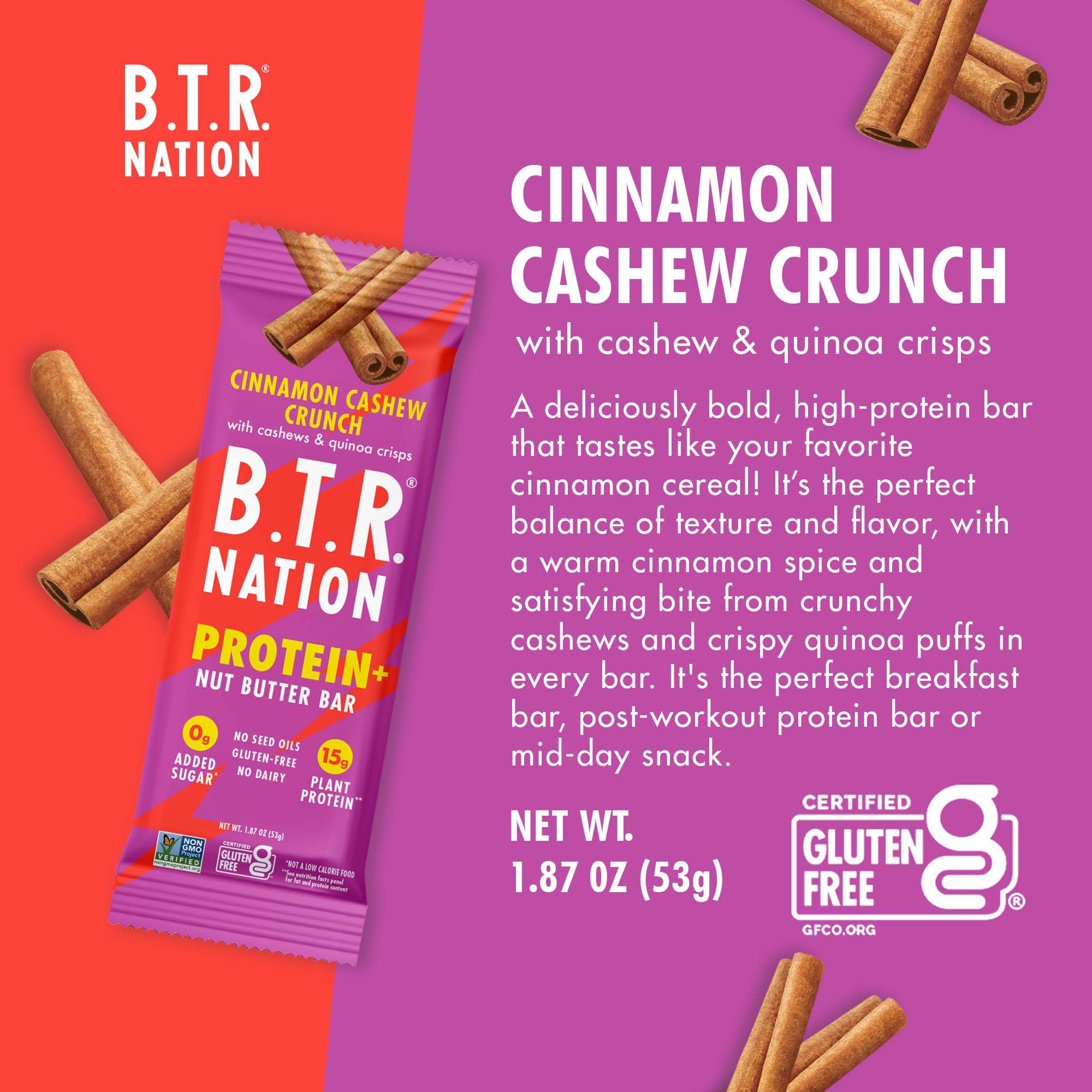 Étiquette sans sucre ajouté sur la barre B.T.R. Nation cannelle-noix-de-cajou.