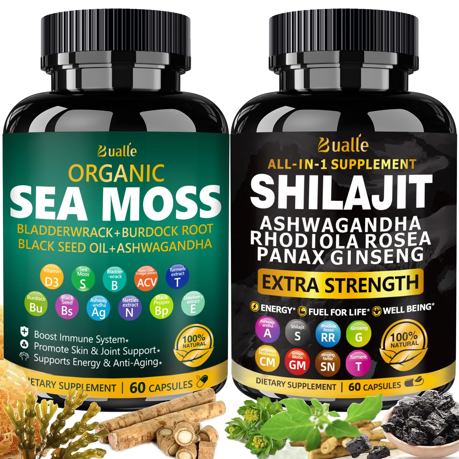 Capsules Bualle algue-de-mer-shilajit affichées; soutien nutritionnel quotidien possible.