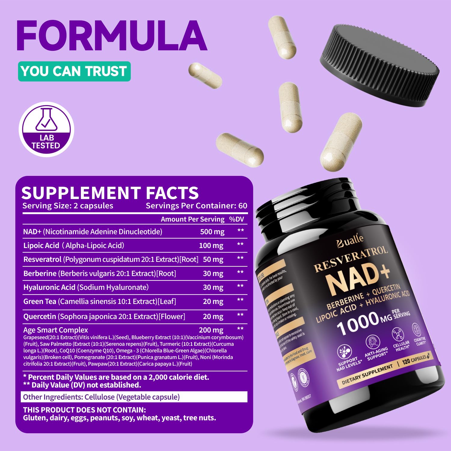 Bualle NAD: bouteille de 120 capsules pour une routine quotidienne pratique.