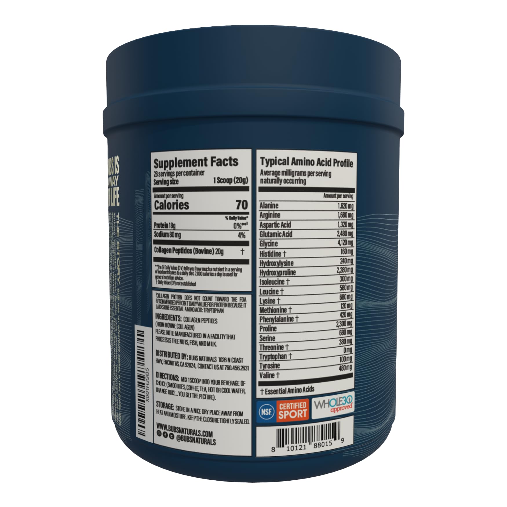 BUBS Naturals Collagen Peptides – sans lactose et gluten pour divers régimes