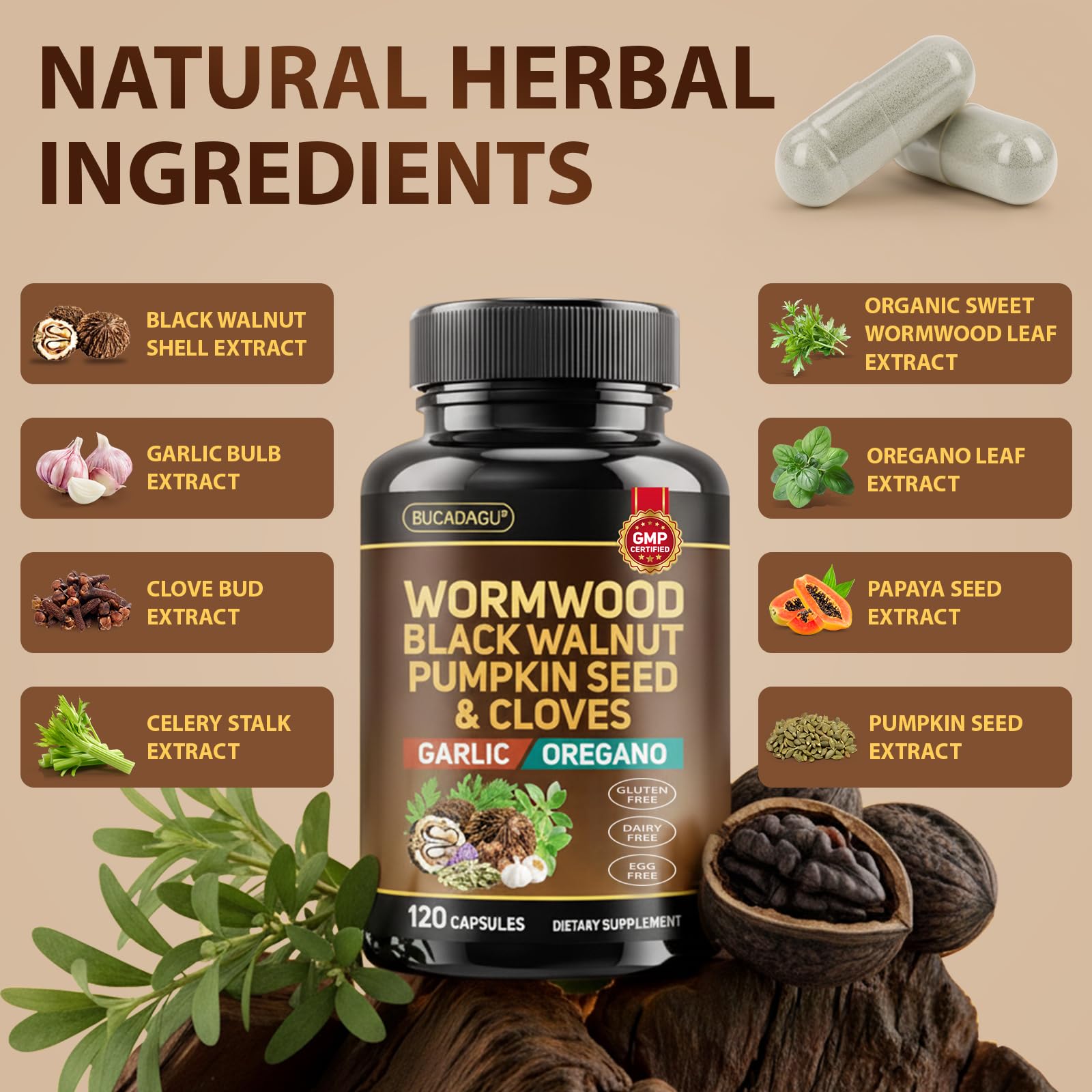 BUCAOAGU capsules véganes visibles, forme et dosage.