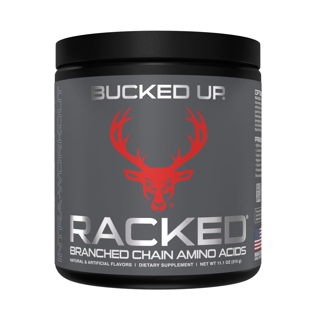 Bucked Up BCAA RACKED - flacon montrant la formulation pour récupération potentielle après l'entraînement