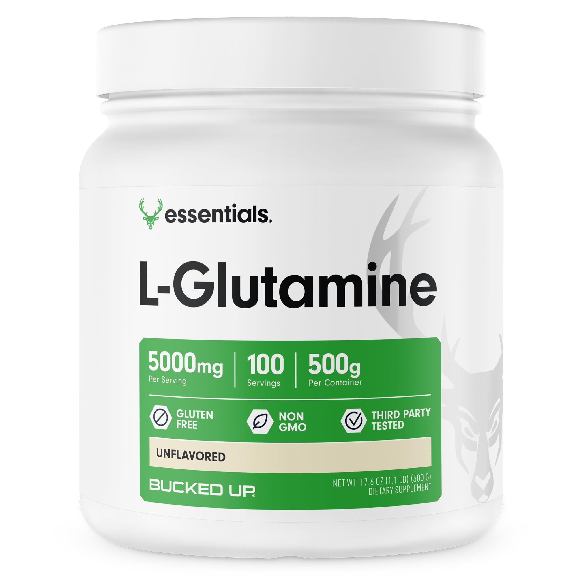 Bucked Up L-Glutamine 500g – poudre non aromatisée prête à mélanger après l’entraînement.