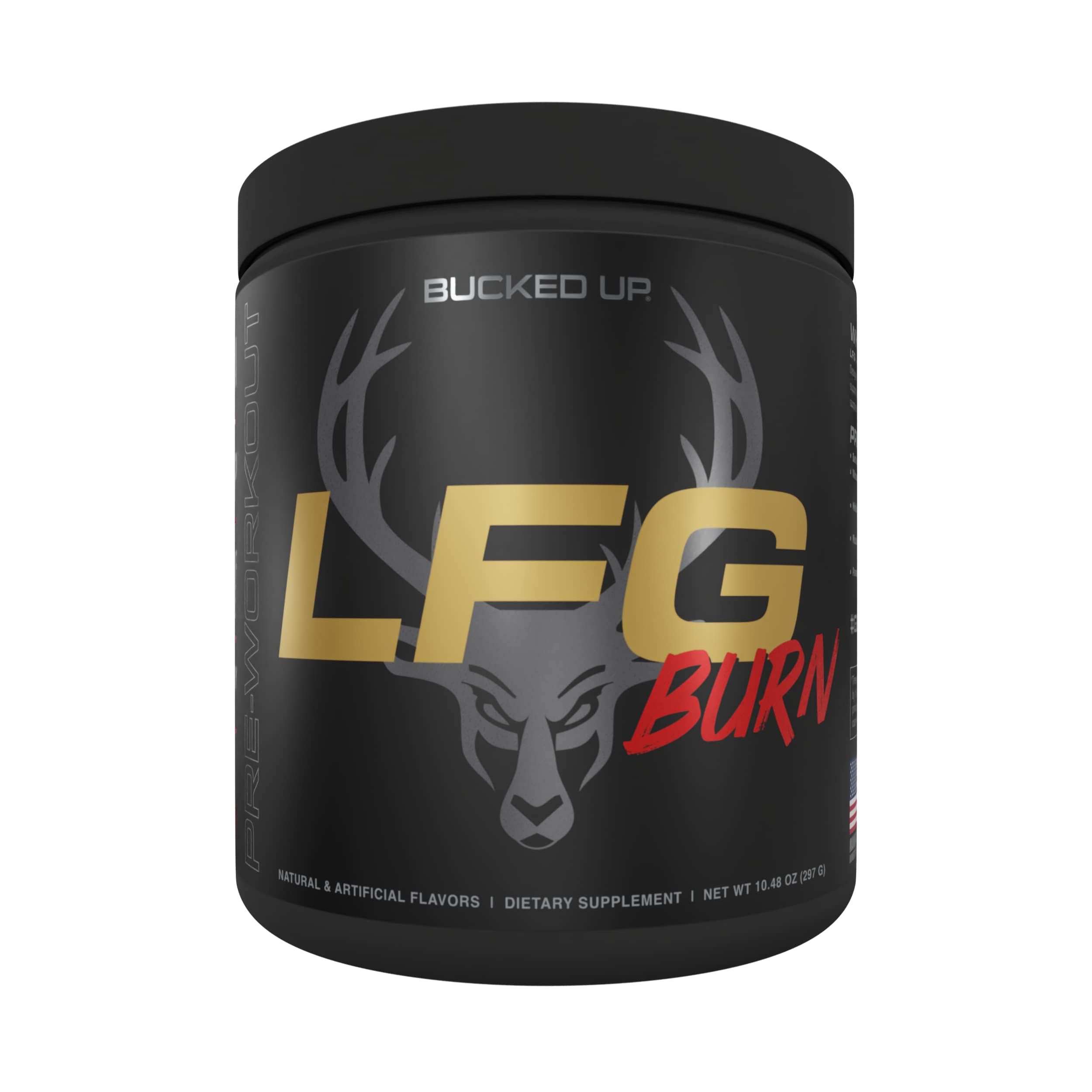 Bucked Up LFG Pre Workout dans son pot framboise, énergie prête pour l'entraînement.