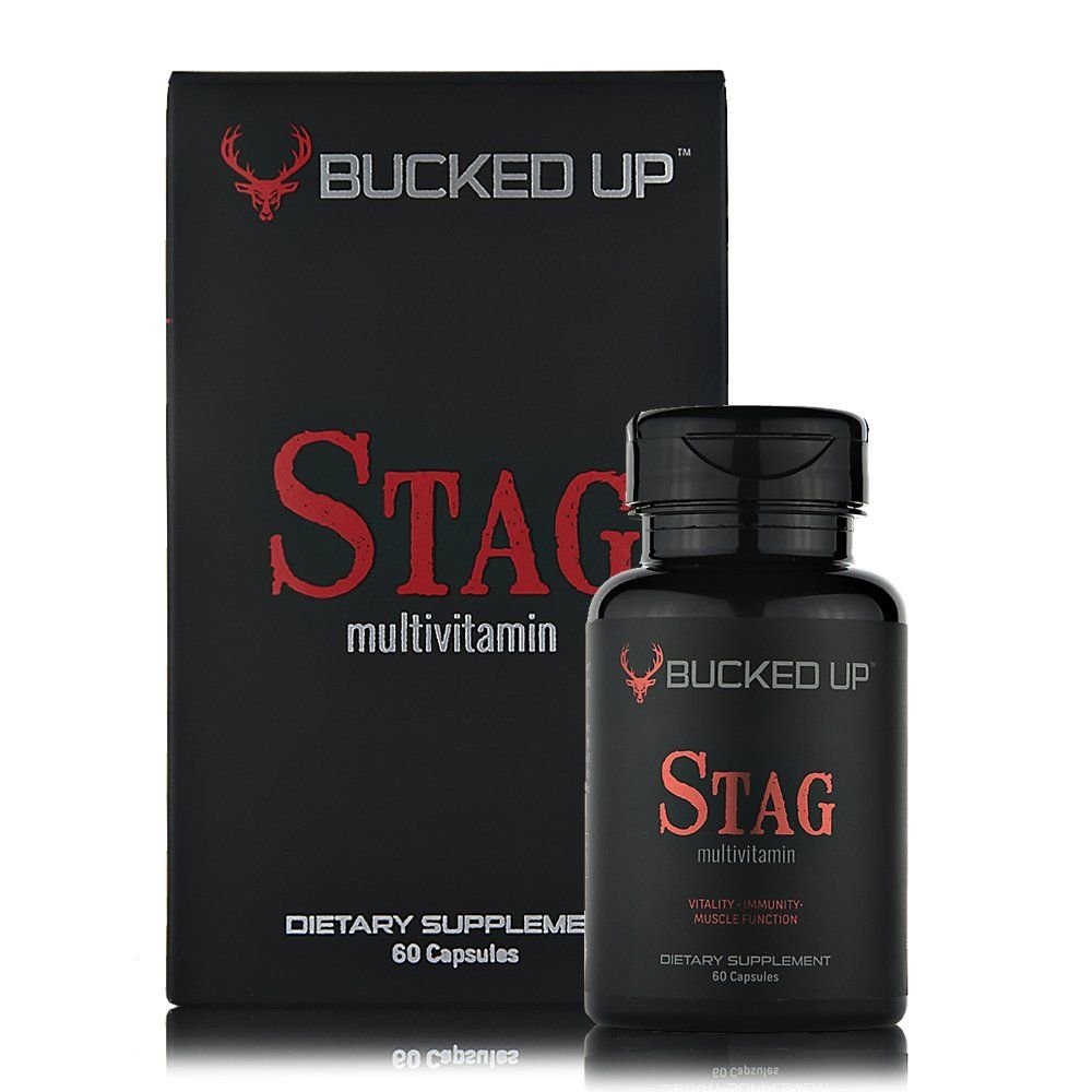 Bucked Up Stag Multivitamine pour homme, flacon visible; soutien énergie et vitalité.