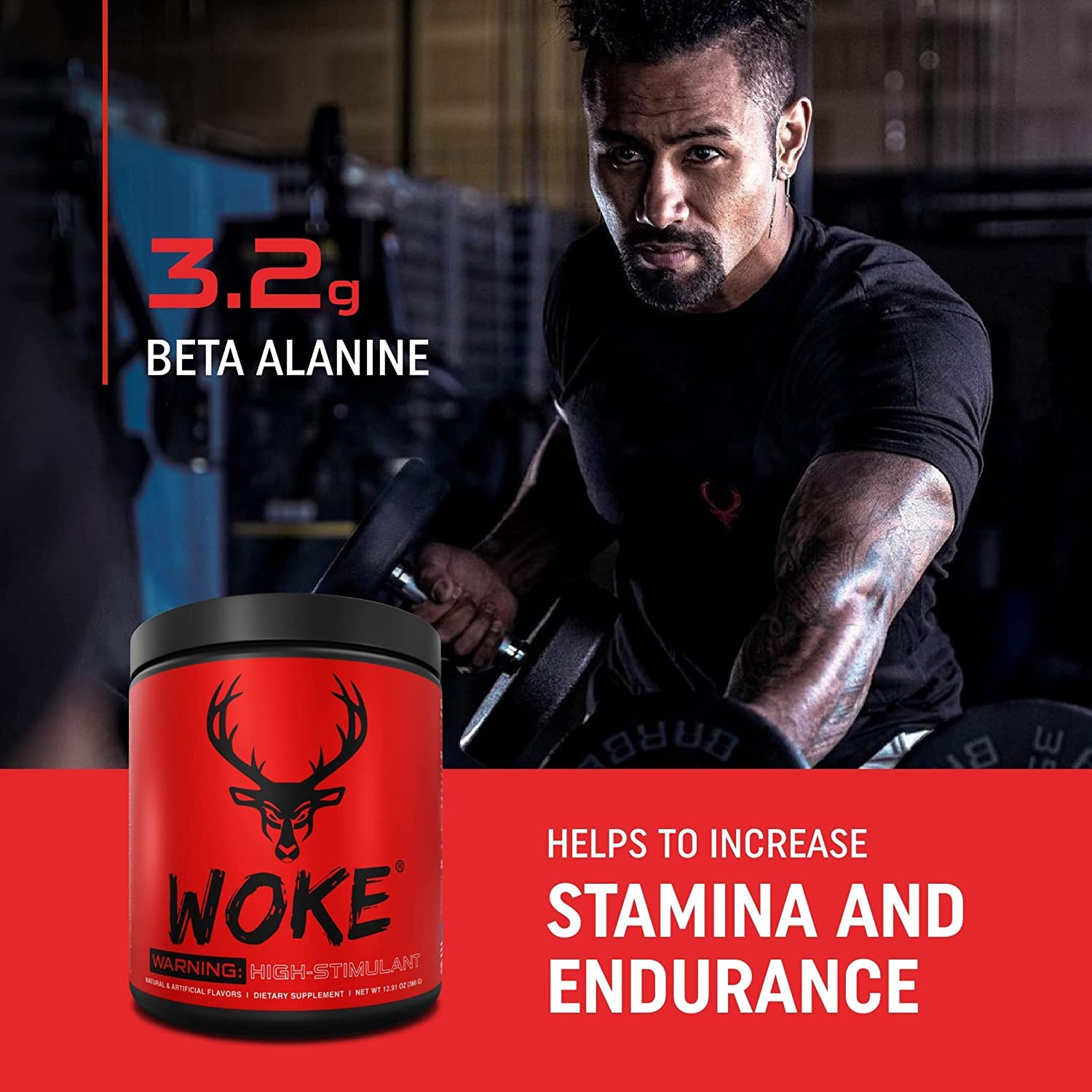 Bucked Up Woke – gros plan sur les ingrédients actifs stimulants.