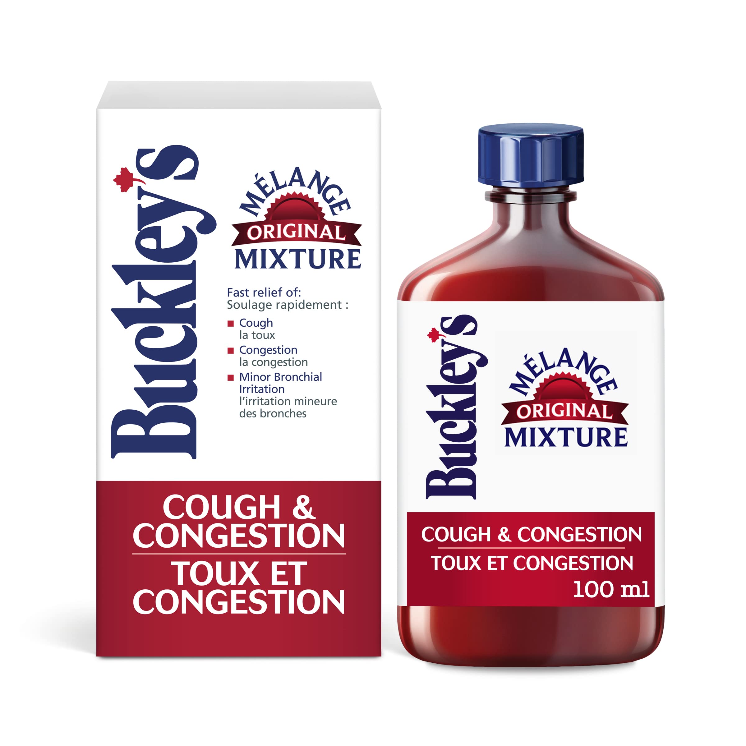 Buckley’s Original sirop toux et congestion, bouteille 100 ml pour calmer les symptômes.