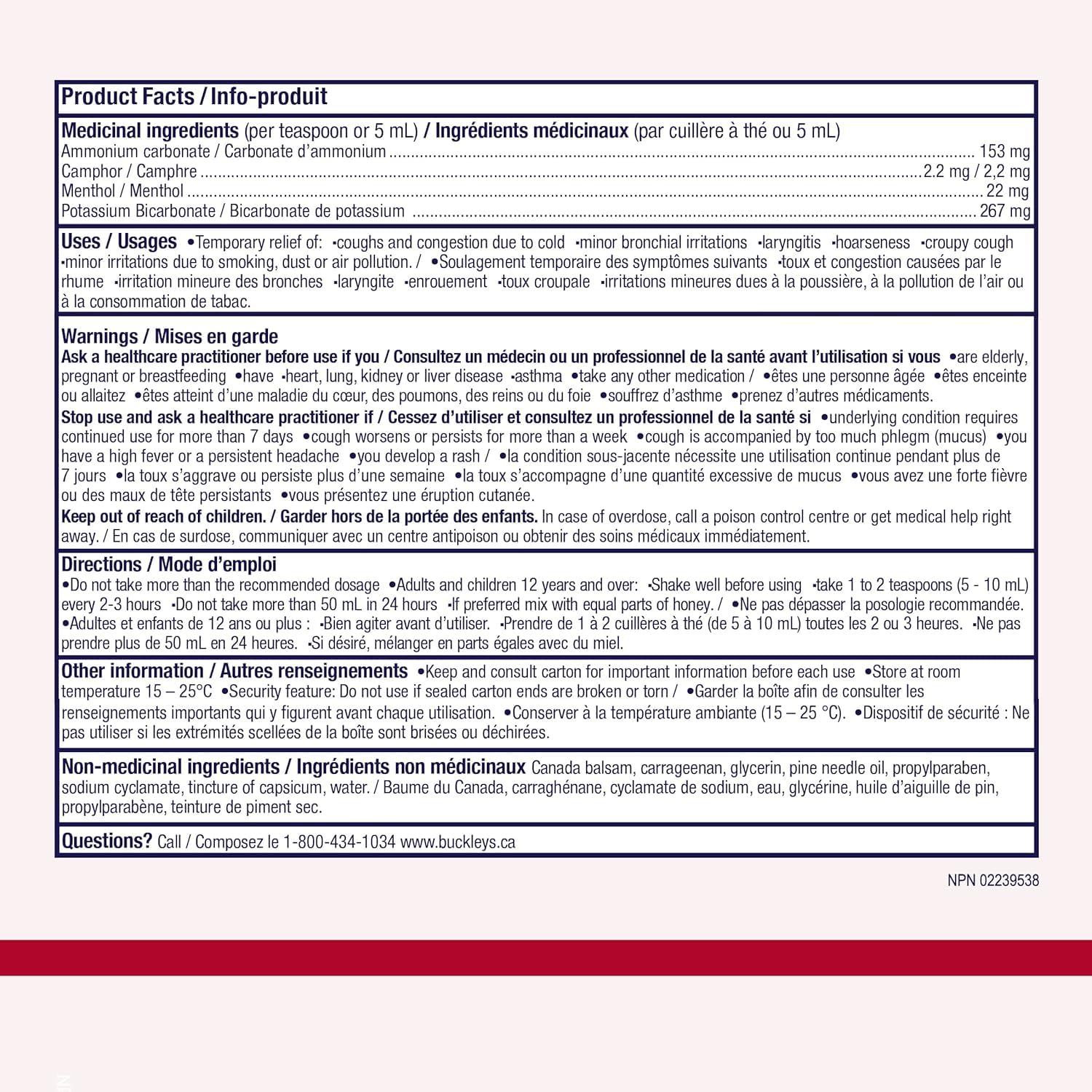 Dose recommandée Buckley’s Original: cuillère à café, administration toutes les 2–3 heures.
