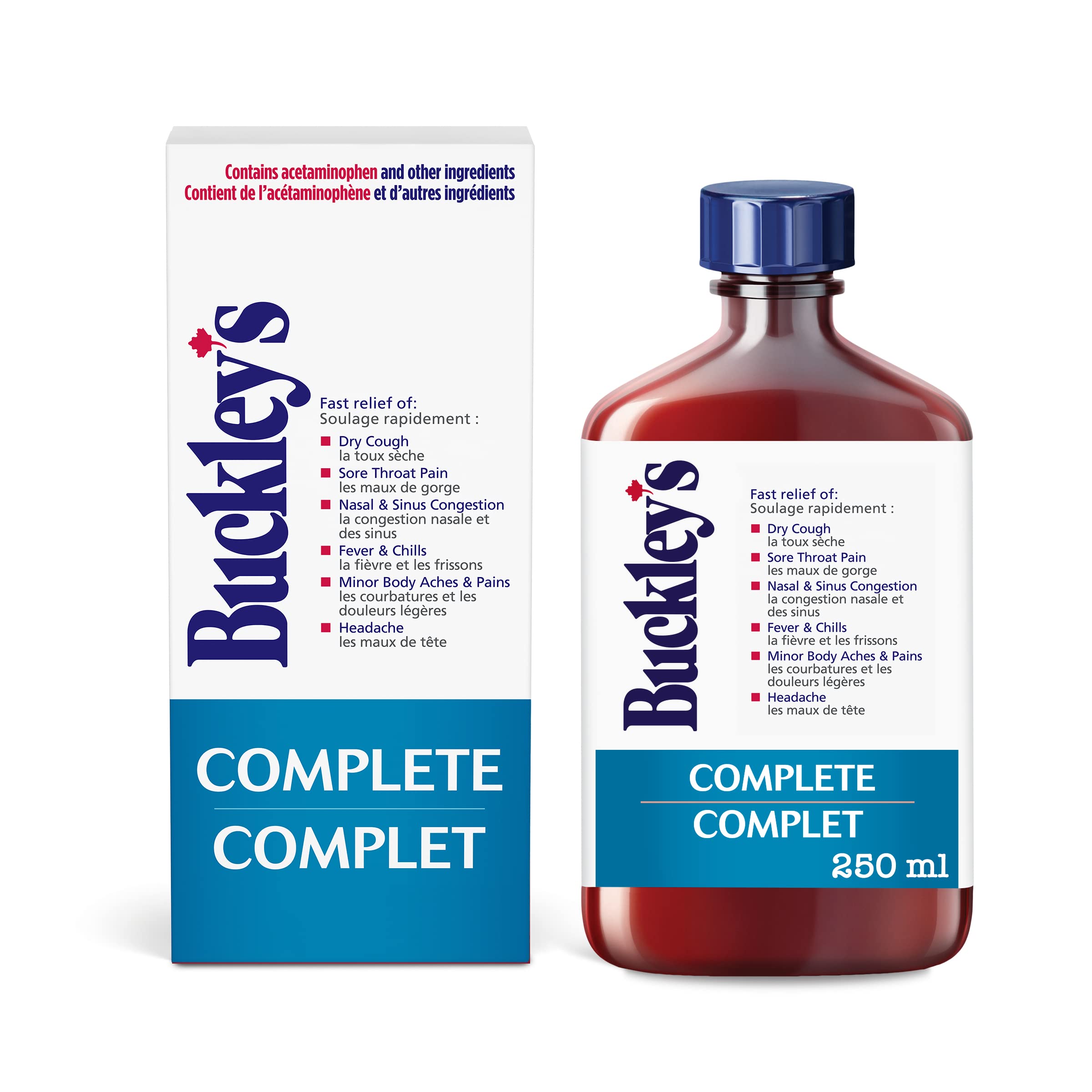Buckley’s Complete Sirop, bouteille 250 ml prête à l’emploi, soulage potentiellement les symptômes.