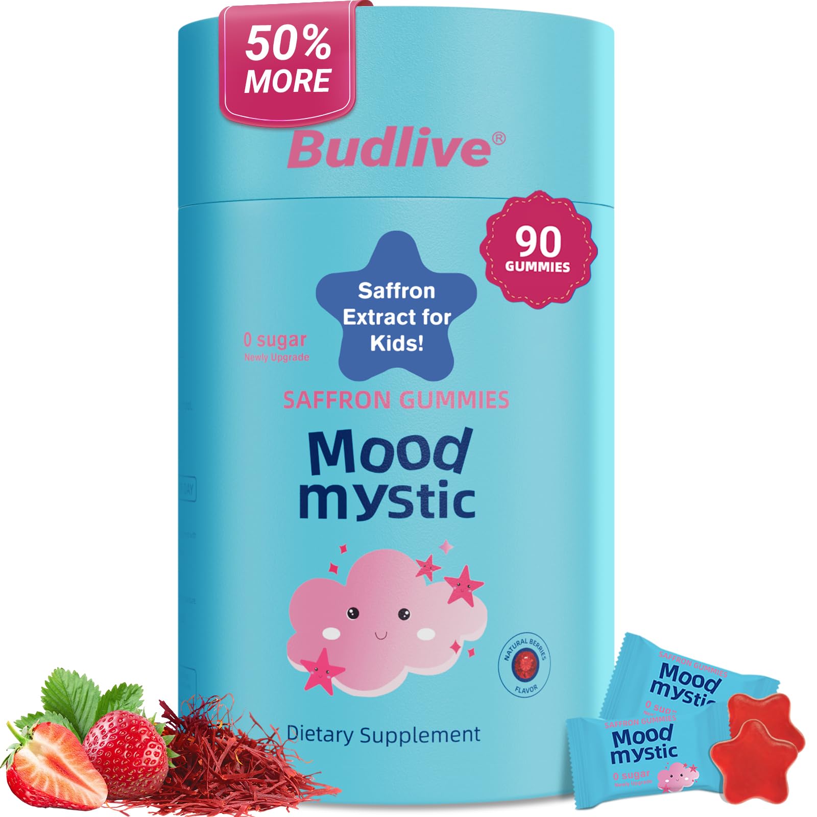 BudLive gommes au safran pour enfants, bouteille pratique pour trajets sans gâchis.